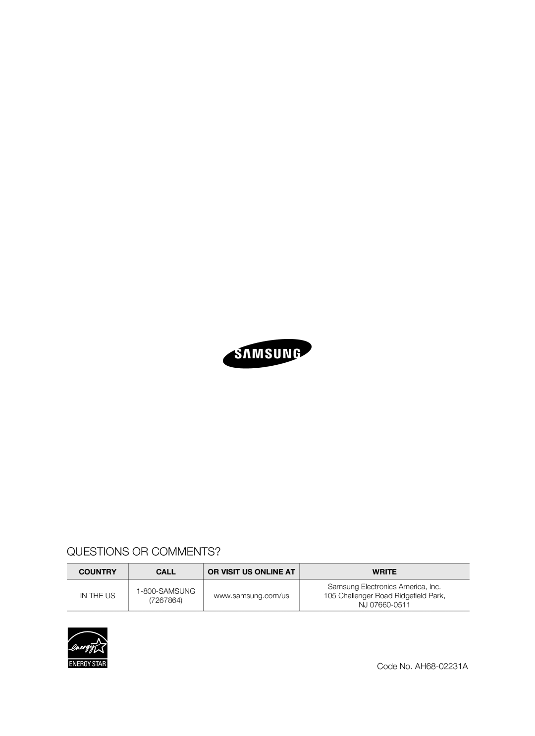 Samsung HT-BD3252A user manual Questions or COMMENTS?, Code No. AH68-02231A 