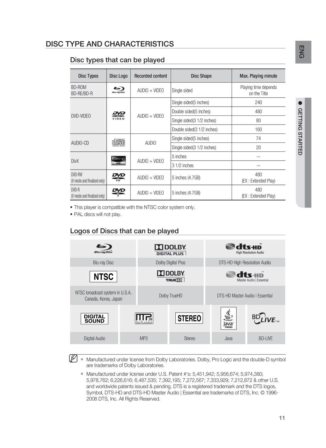 Samsung HT-BD3252A Disc Type and Characteristics, Disc types that can be played, Logos of Discs that can be played 