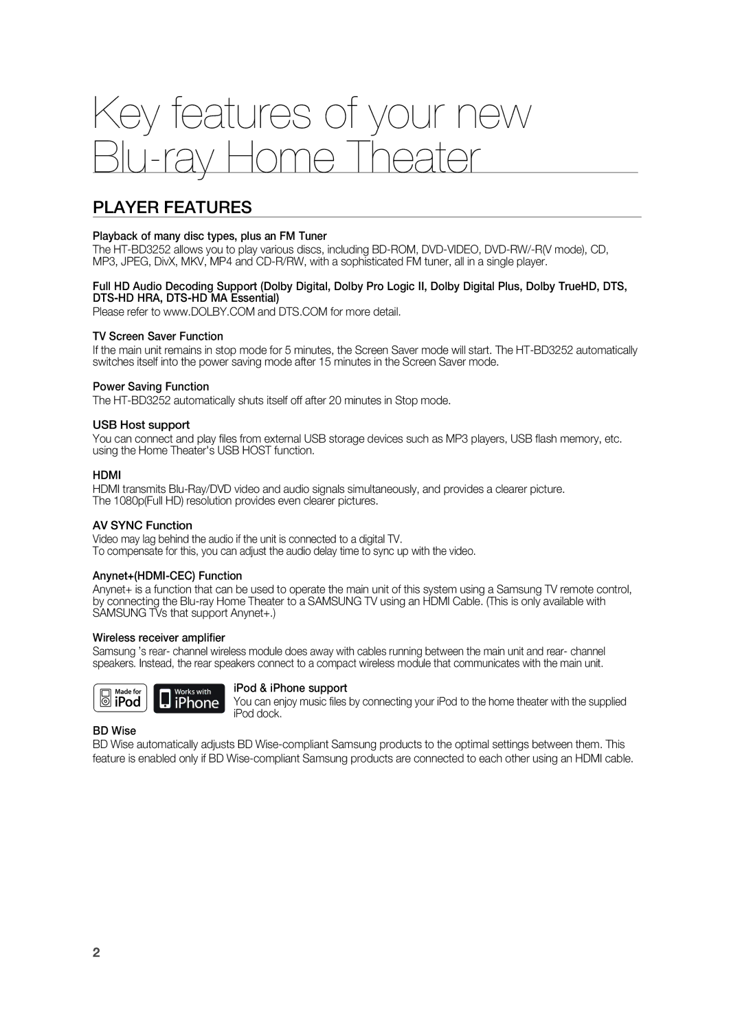 Samsung AH68-02231A, HT-BD3252A user manual Player Features, Playback of many disc types, plus an FM Tuner, Hdmi 