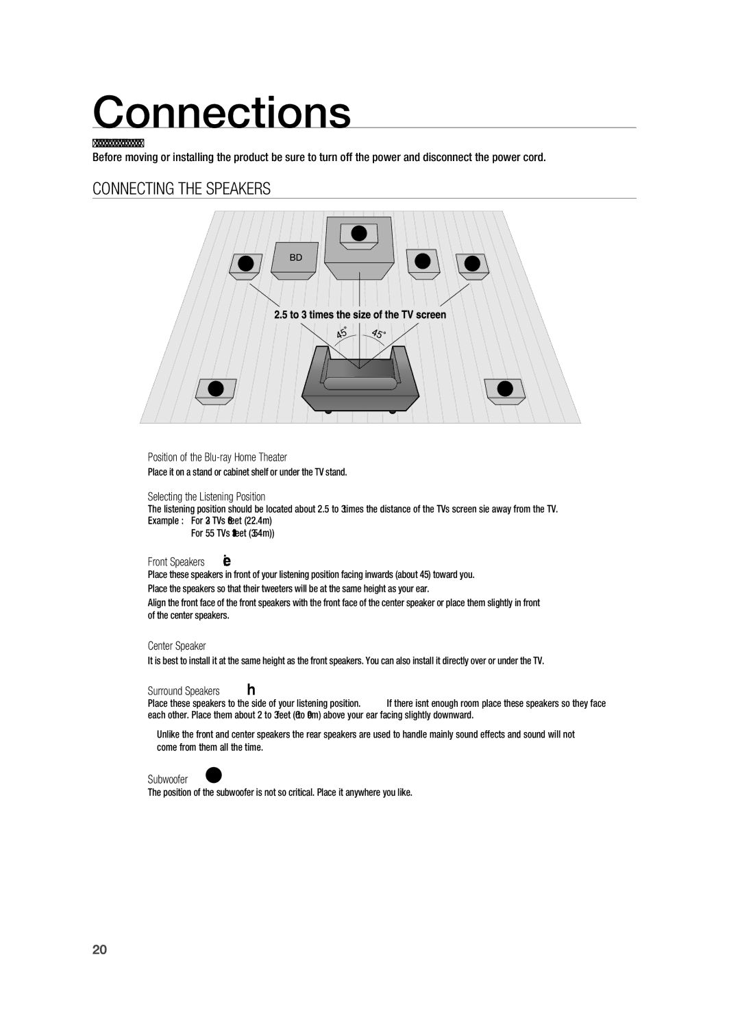 Samsung AH68-02231A, HT-BD3252A user manual Connections, Connecting the Speakers 