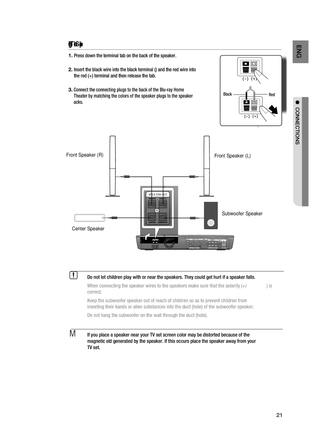 Samsung HT-BD3252A, AH68-02231A user manual Press down the terminal tab on the back of the speaker, Jacks 