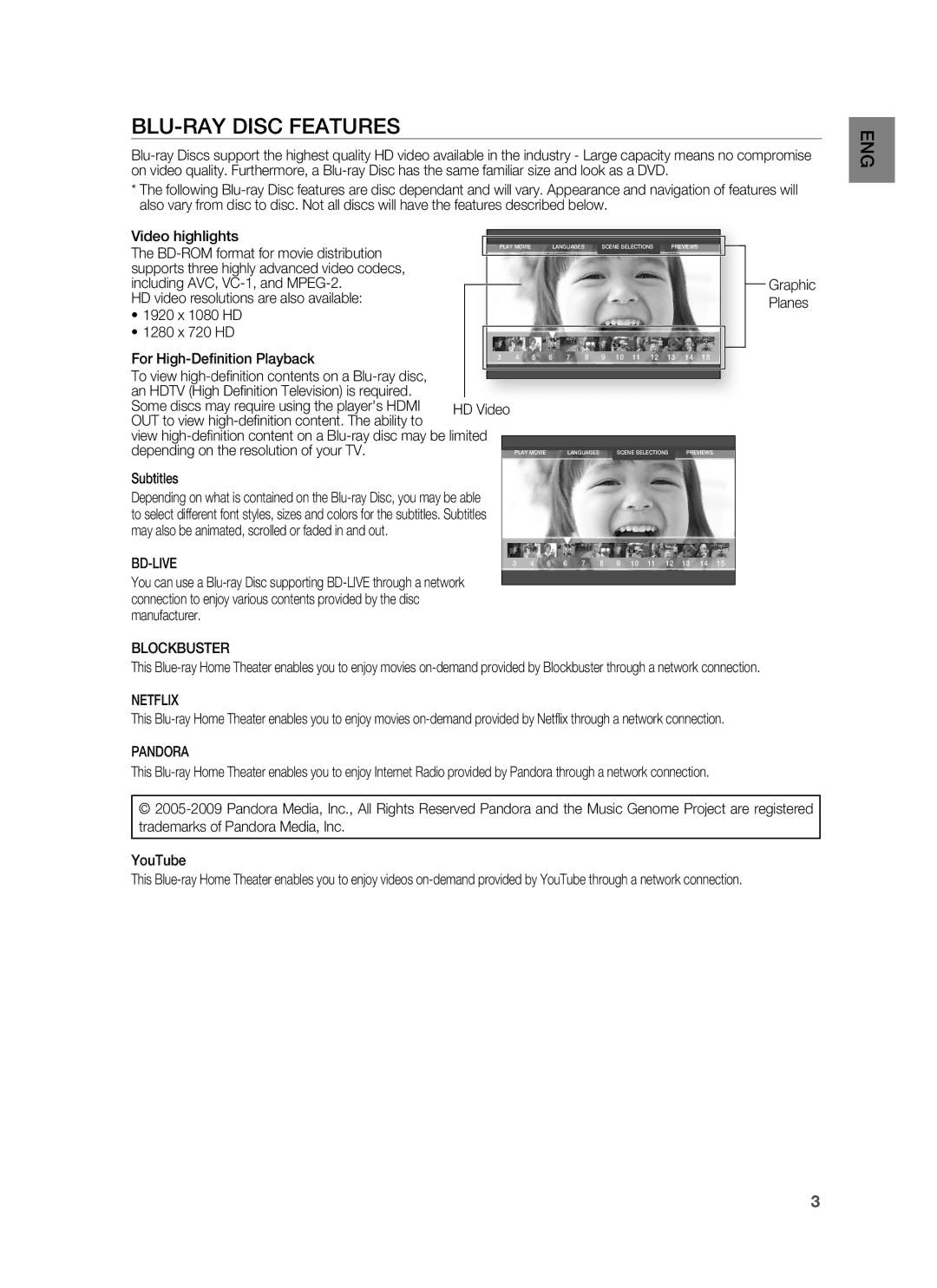 Samsung HT-BD3252A, AH68-02231A user manual BLU-RAY Disc Features, Blockbuster, Netflix, Pandora 