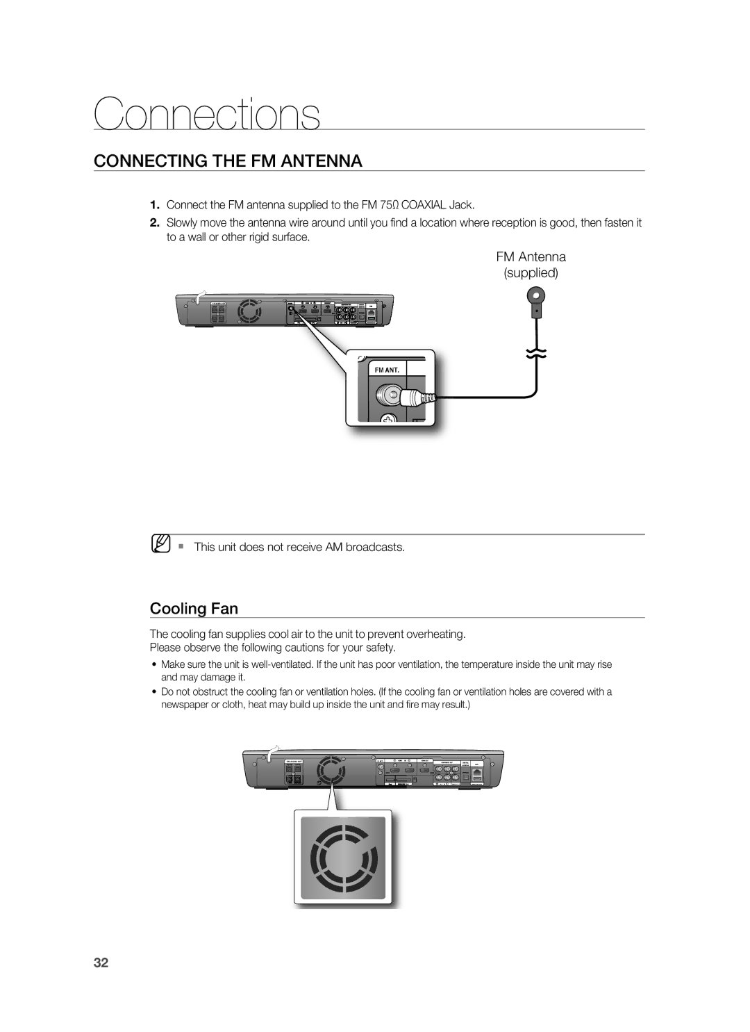 Samsung AH68-02231A, HT-BD3252A user manual Connecting the FM Antenna, Cooling Fan, FM Antenna Supplied 