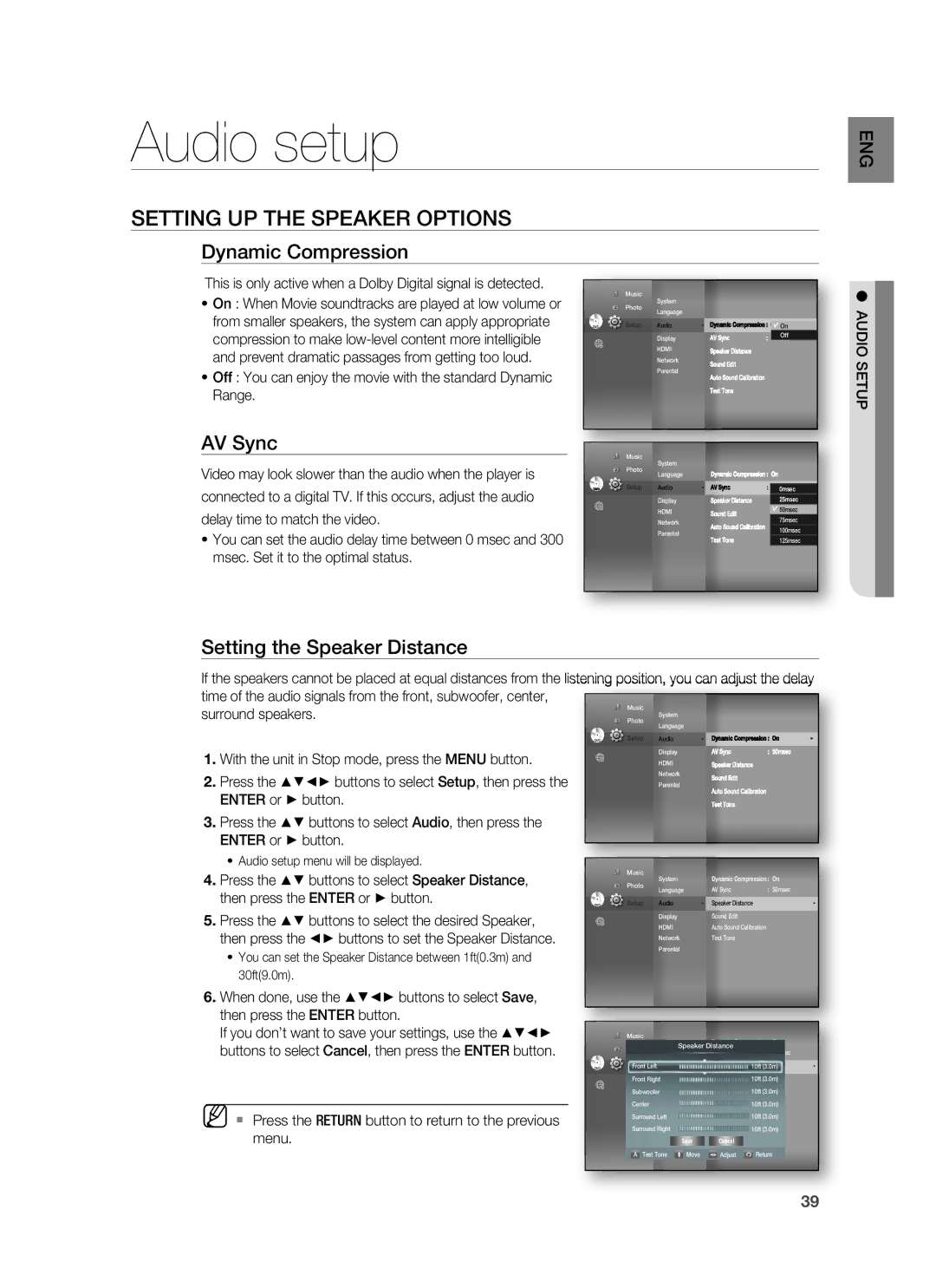 Samsung HT-BD3252A Audio setup, Setting UP the Speaker Options, Dynamic Compression, AV Sync, Setting the Speaker Distance 