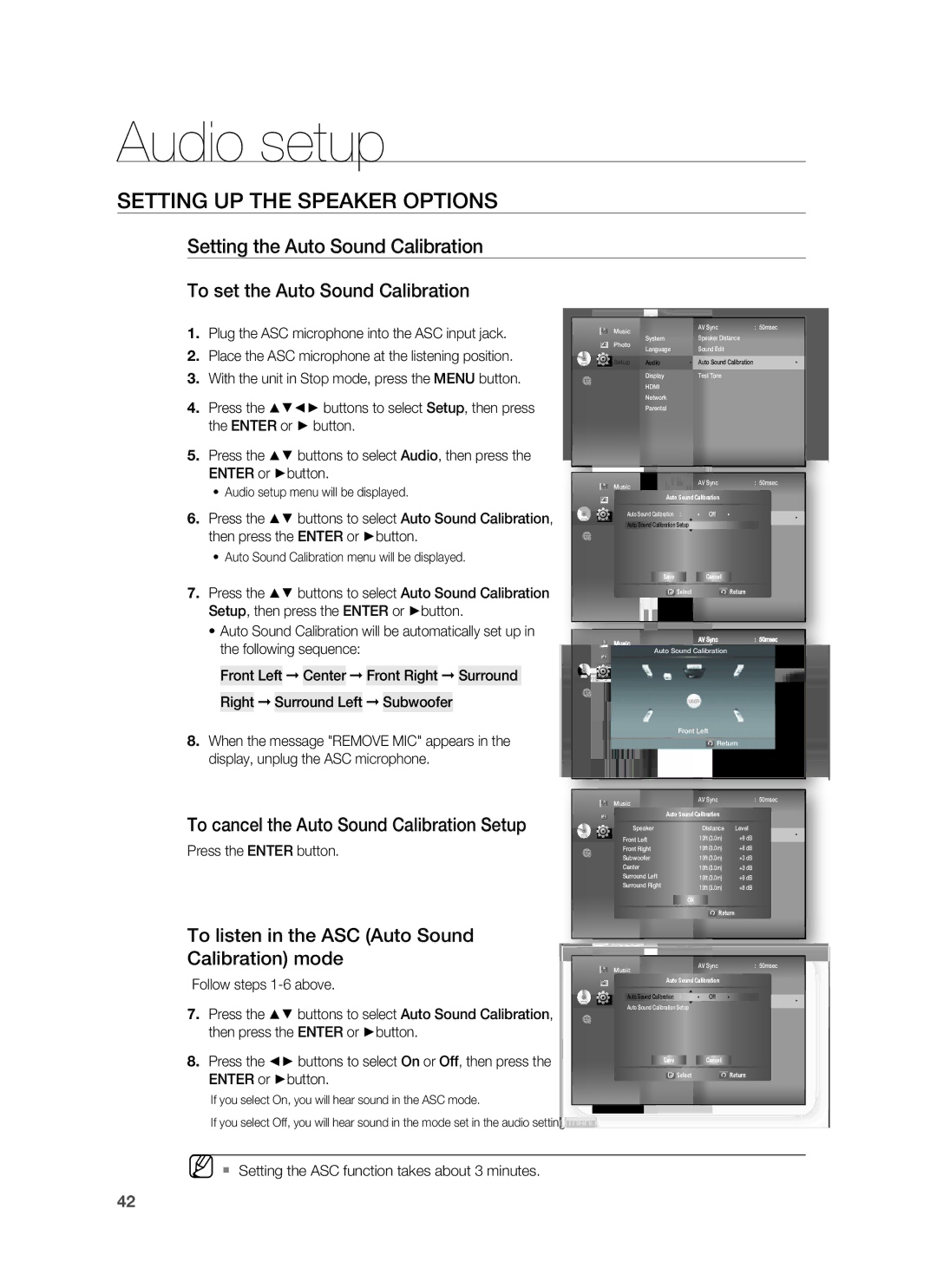 Samsung AH68-02231A Press the Enter button, Follow steps 1-6 above, Press the buttons to select Auto Sound Calibration 