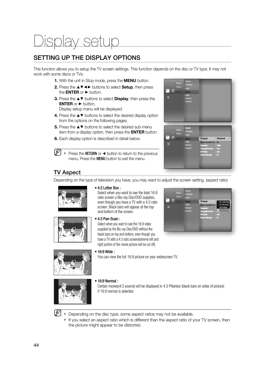 Samsung AH68-02231A, HT-BD3252A Display setup, Setting UP the Display Options, TV Aspect, Bottom of the screen, Pan-Scan 