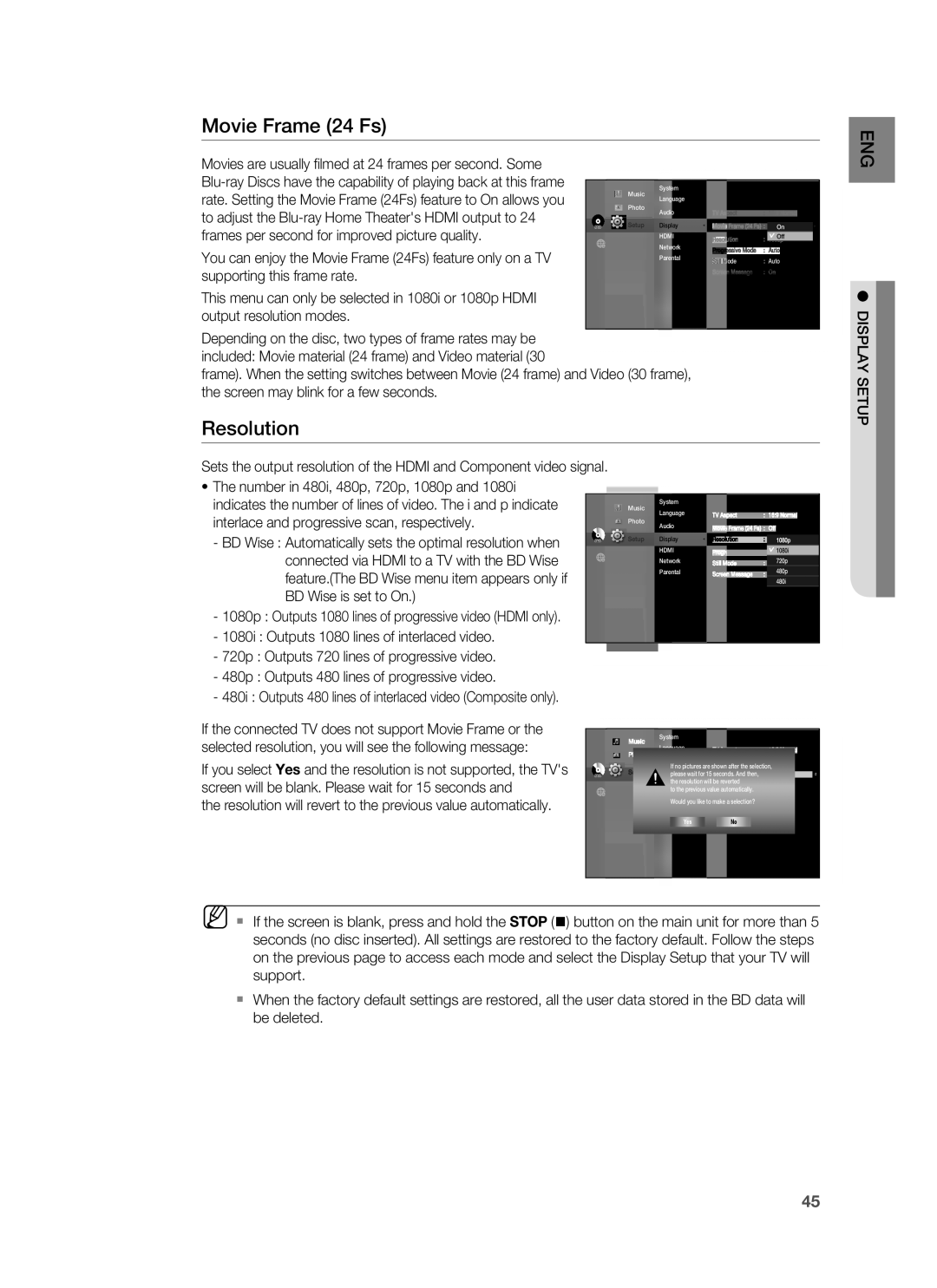 Samsung HT-BD3252A, AH68-02231A user manual Movie Frame 24 Fs, Resolution, Display Setup 