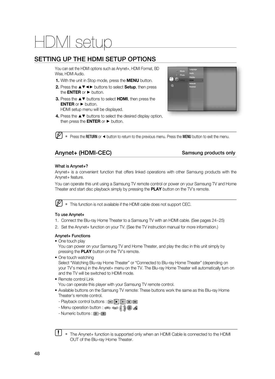 Samsung AH68-02231A, HT-BD3252A Hdmi setup, Setting UP the Hdmi Setup Options, Anynet+ HDMI-CEC, Samsung products only 