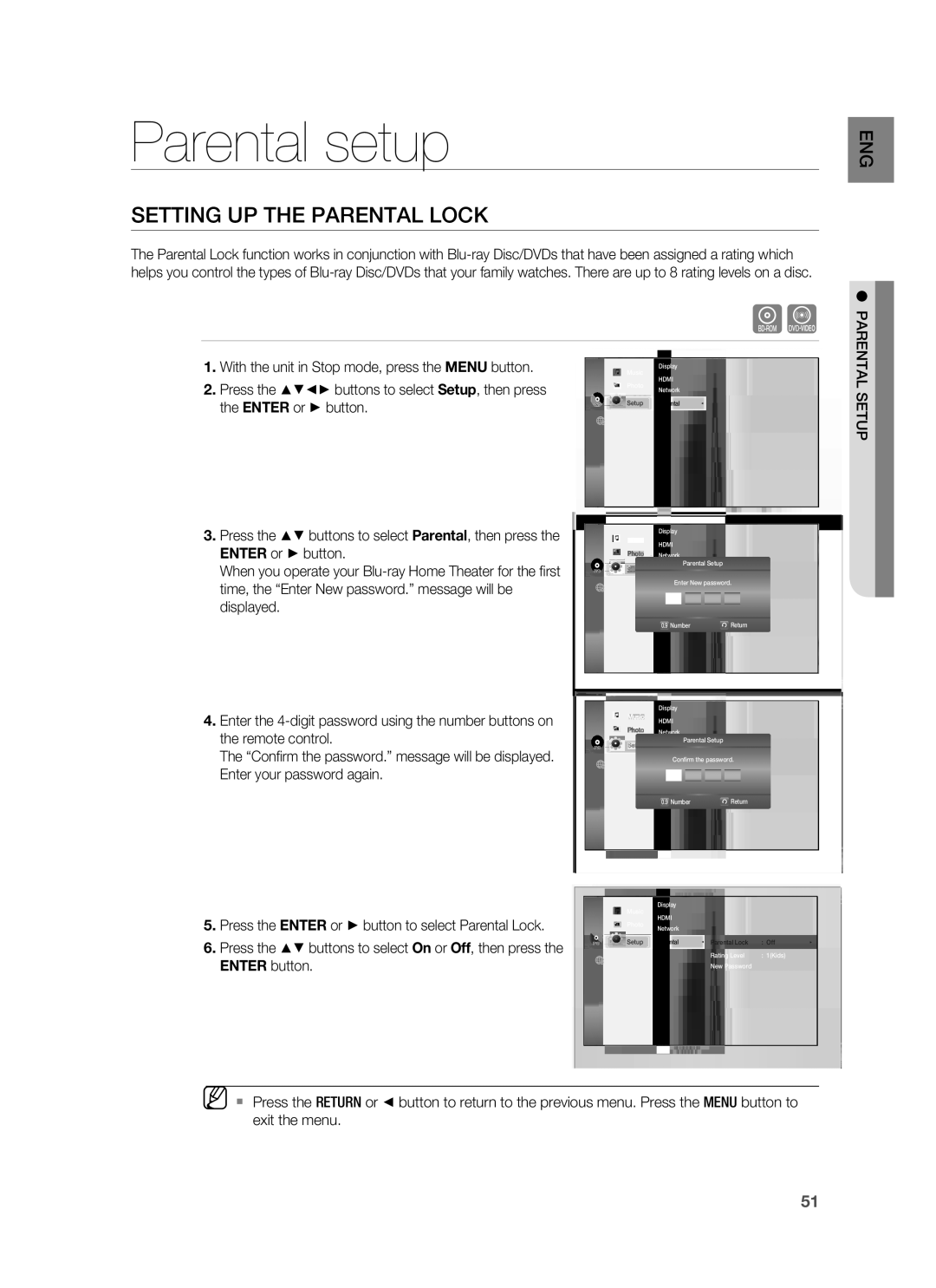 Samsung HT-BD3252A Parental setup, Setting UP the Parental Lock, Time, the Enter New password. message will be, Displayed 