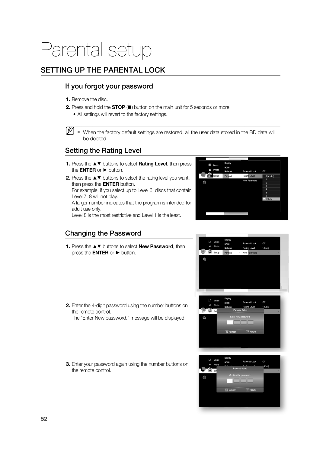 Samsung AH68-02231A, HT-BD3252A user manual If you forgot your password, Setting the Rating Level, Changing the Password 