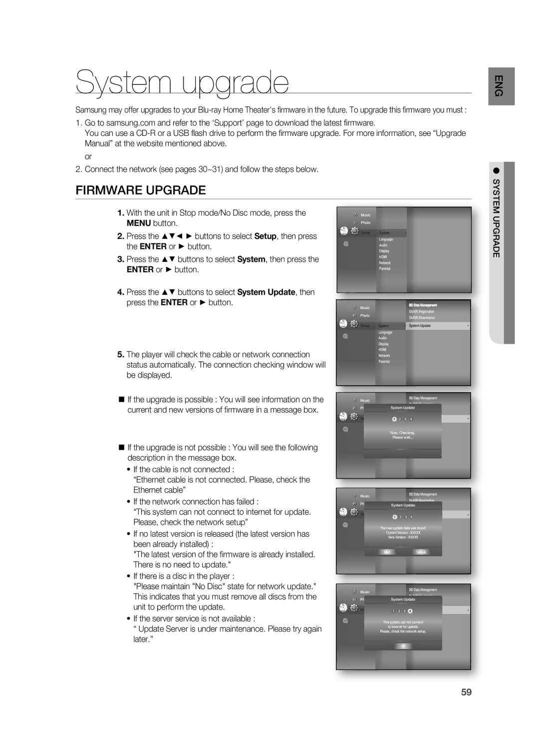 Samsung HT-BD3252A, AH68-02231A user manual System upgrade, Firmware Upgrade, Cancel Start 