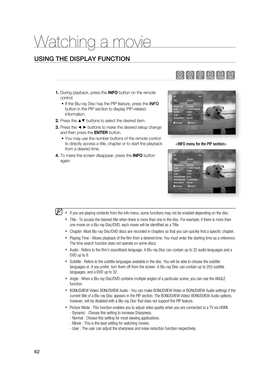 Samsung AH68-02231A, HT-BD3252A user manual Watching a movie, Using the Display Function, Info menu for the PIP section 