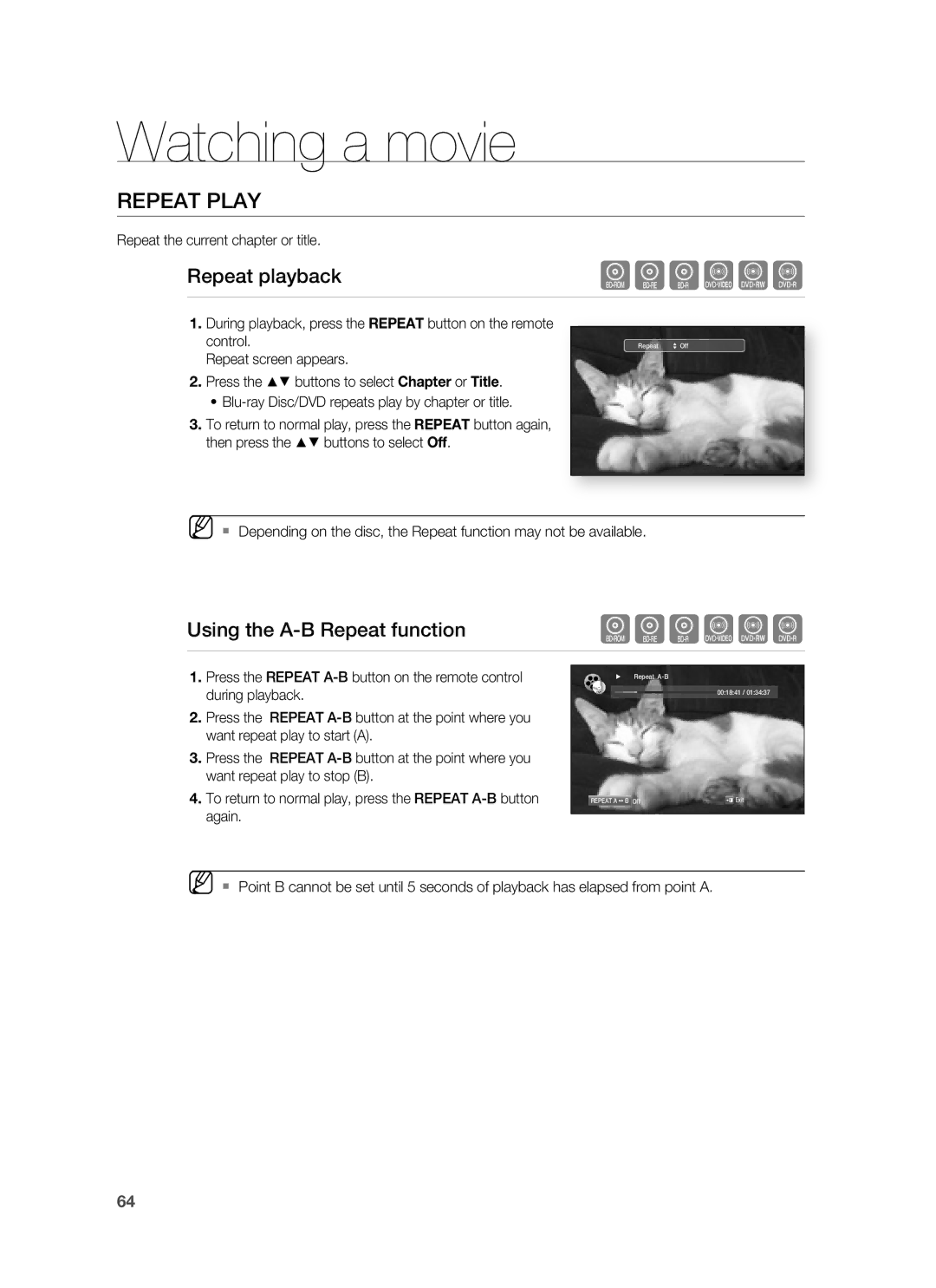 Samsung AH68-02231A Repeat Play, Repeat playback, Using the A-B Repeat function, Repeat the current chapter or title 