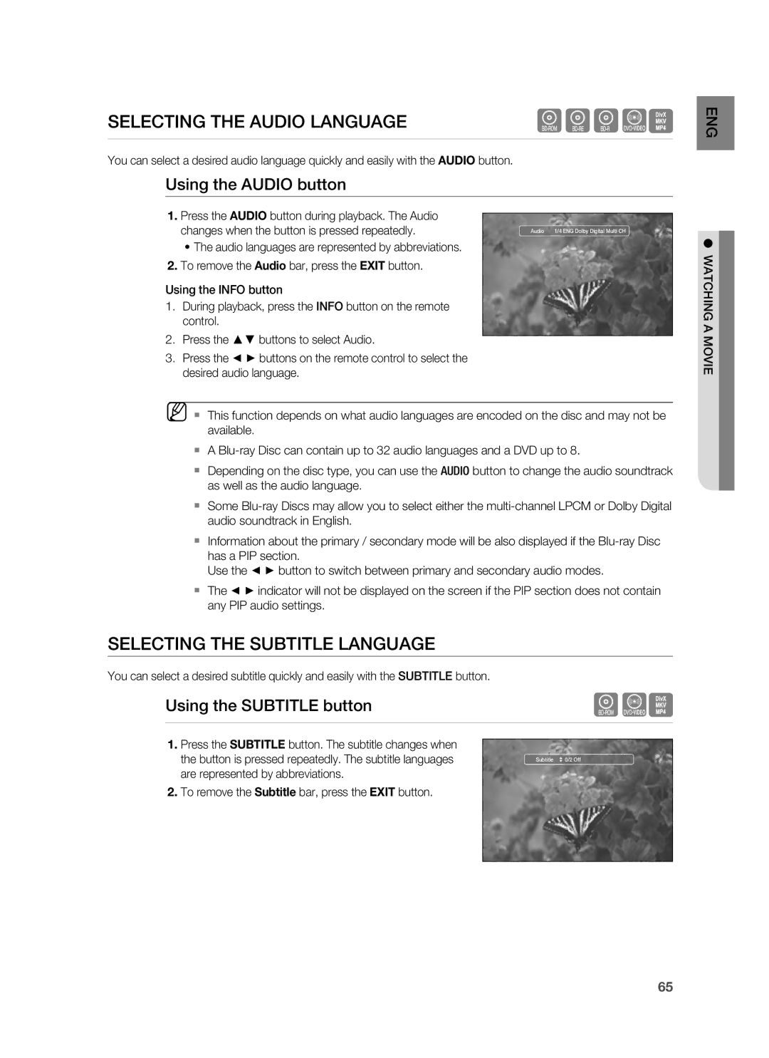 Samsung HT-BD3252A Selecting the Audio Language, Selecting the Subtitle Language, Using the Audio button, Watching a Movie 