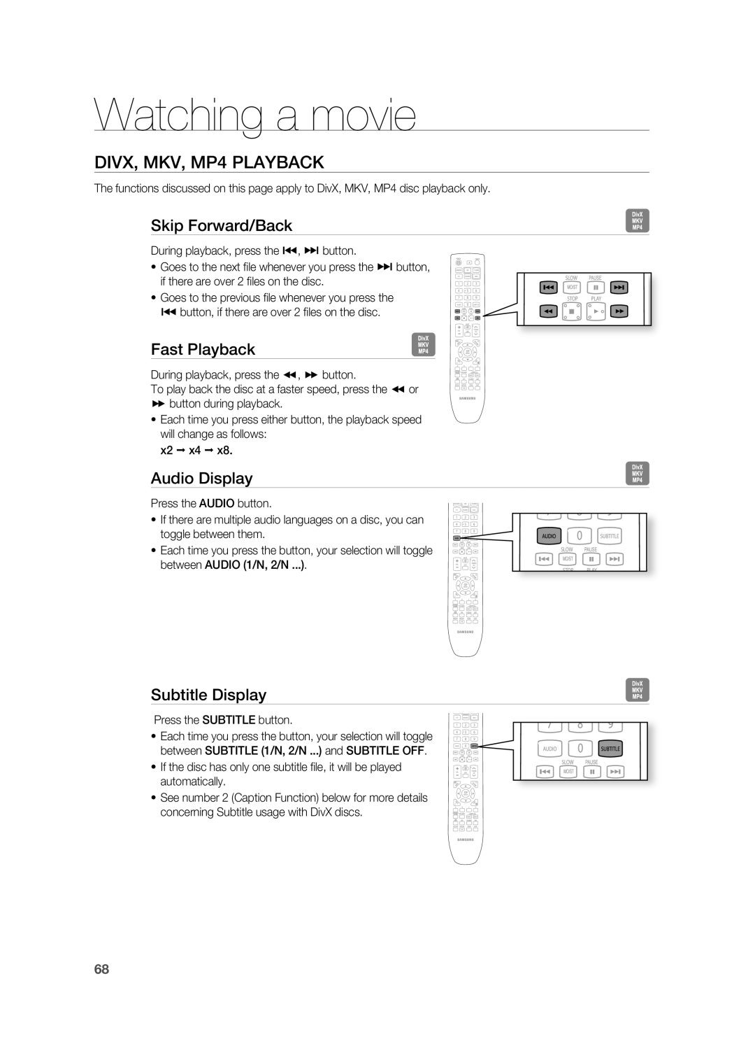 Samsung AH68-02231A, HT-BD3252A DIVX, MKV, MP4 Playback, Skip Forward/Back, Fast Playback, Audio Display, Subtitle Display 