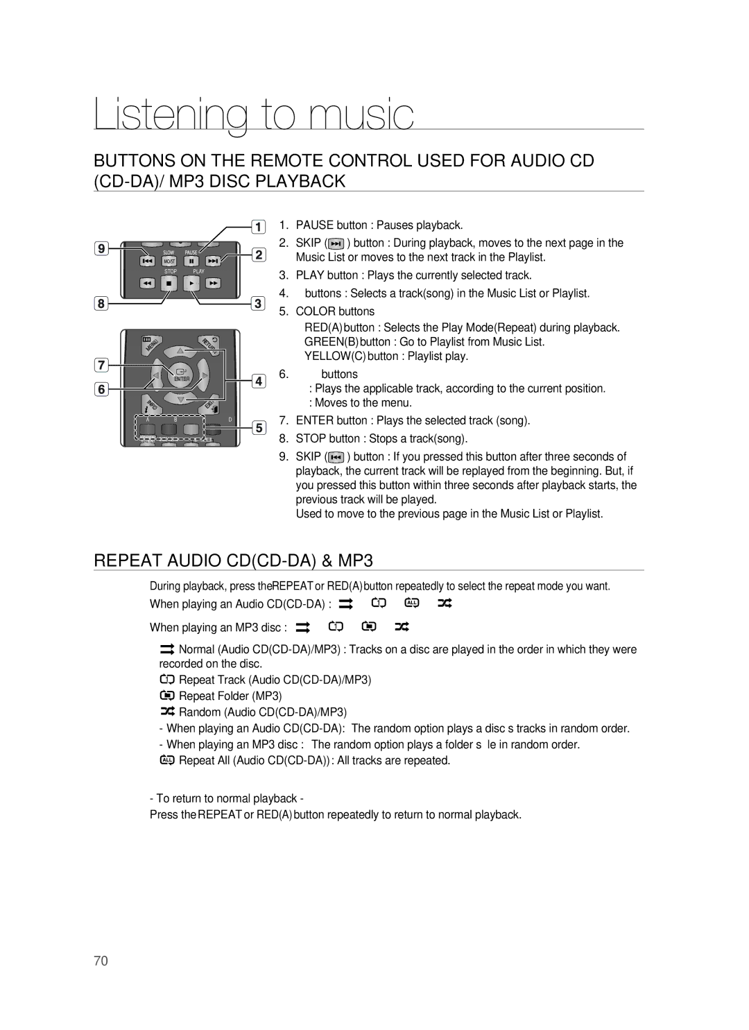 Samsung AH68-02231A, HT-BD3252A user manual Listening to music, Repeat Audio CDCD-DA & MP3 