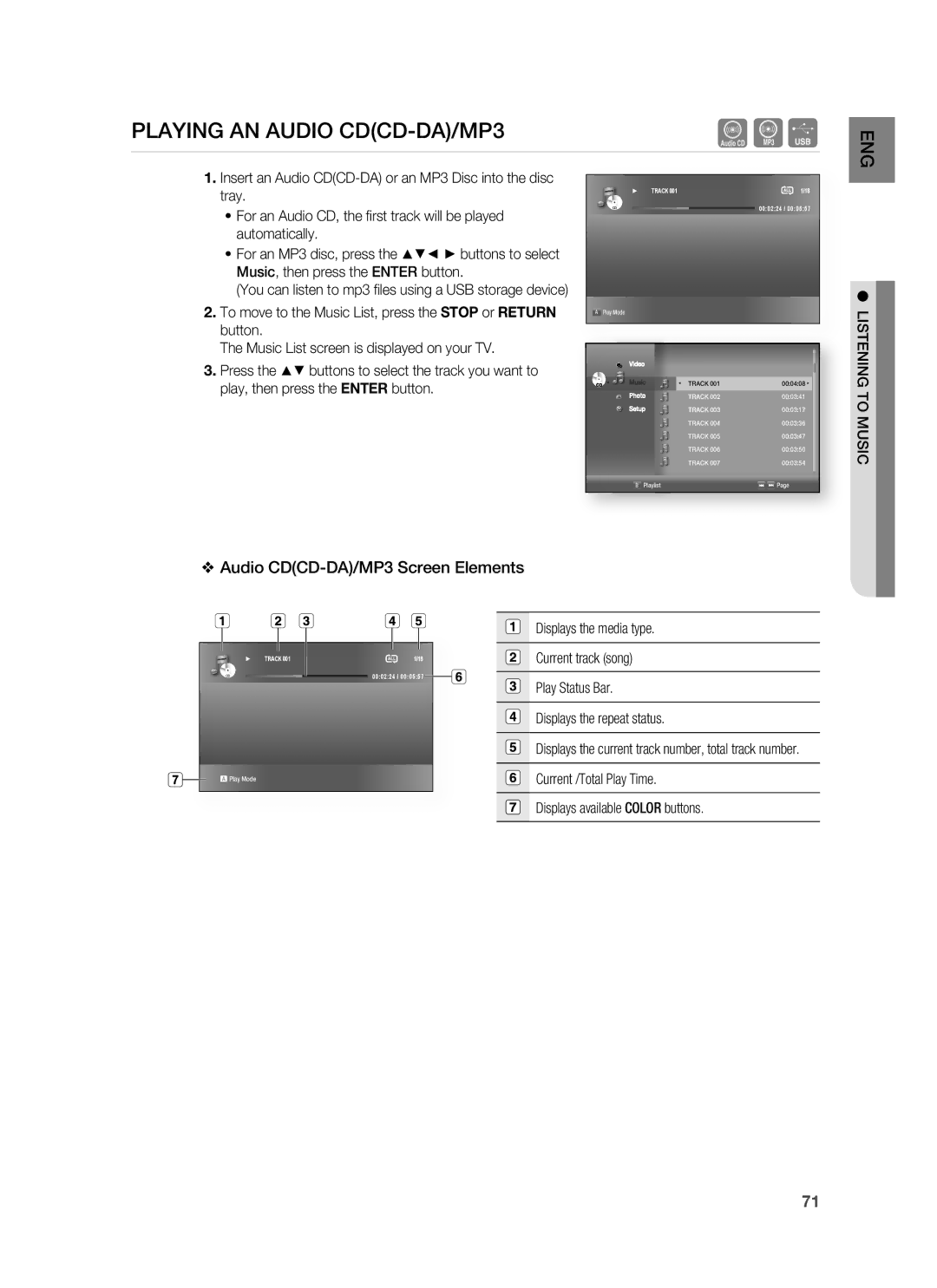 Samsung HT-BD3252A, AH68-02231A Playing AN Audio CDCD-DA/MP3, Audio CDCD-DA/MP3 Screen Elements, Listening to Music 