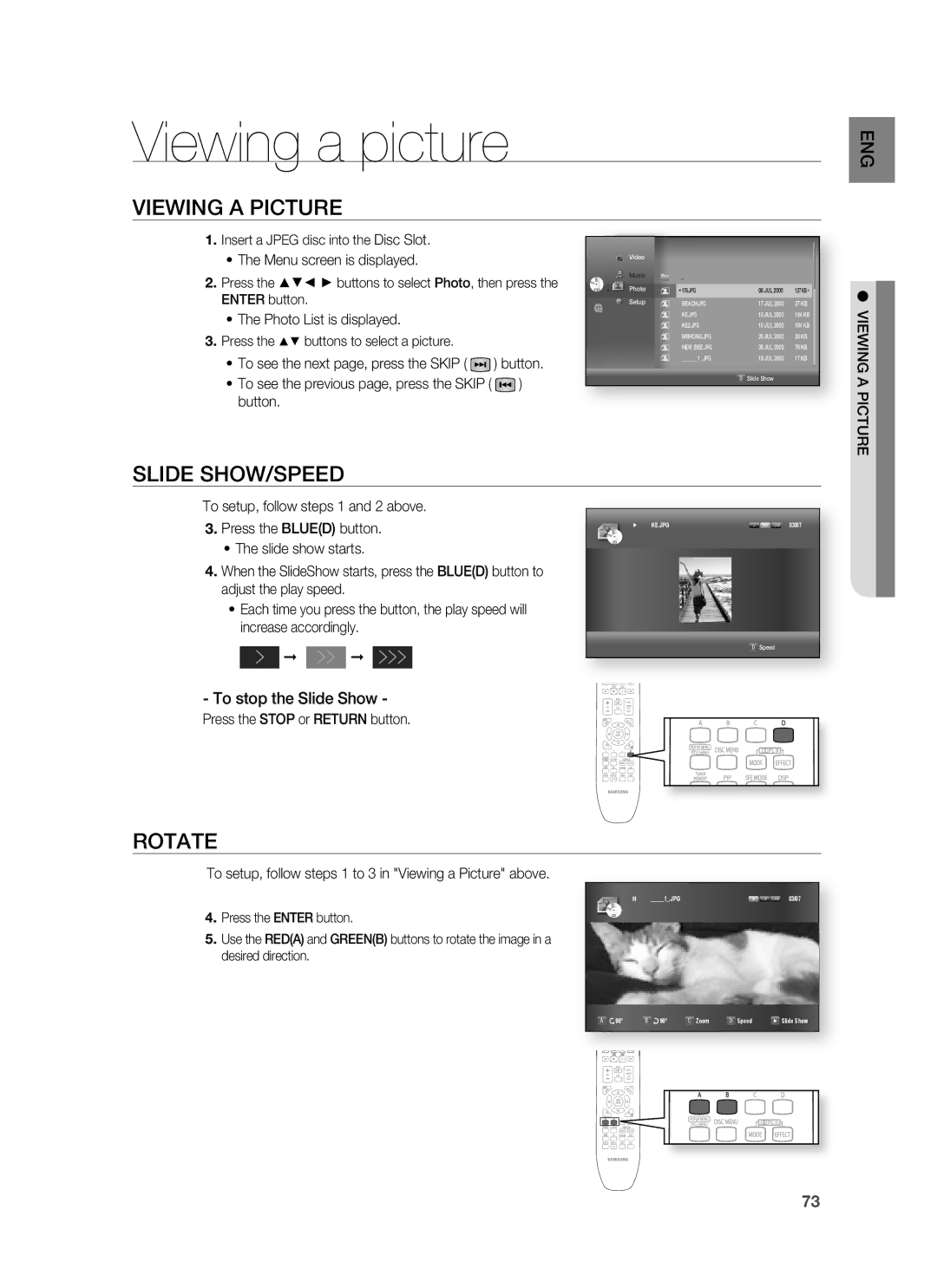 Samsung HT-BD3252A, AH68-02231A Viewing a picture, Viewing a Picture, Slide SHOW/SPEED, Rotate, To stop the Slide Show 