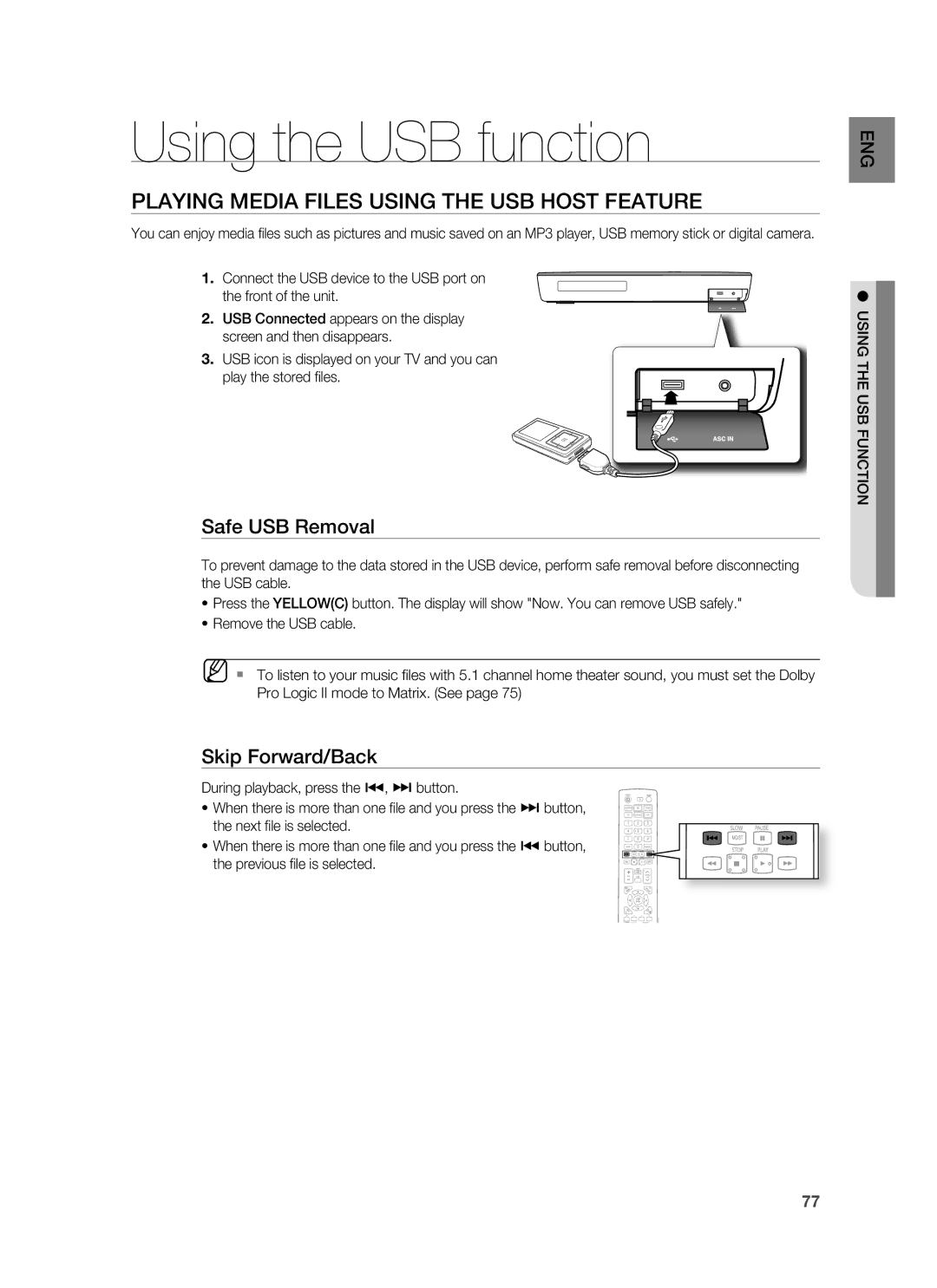 Samsung HT-BD3252A, AH68-02231A Using the USB function, Playing Media Files Using the USB Host Feature, Safe USB Removal 