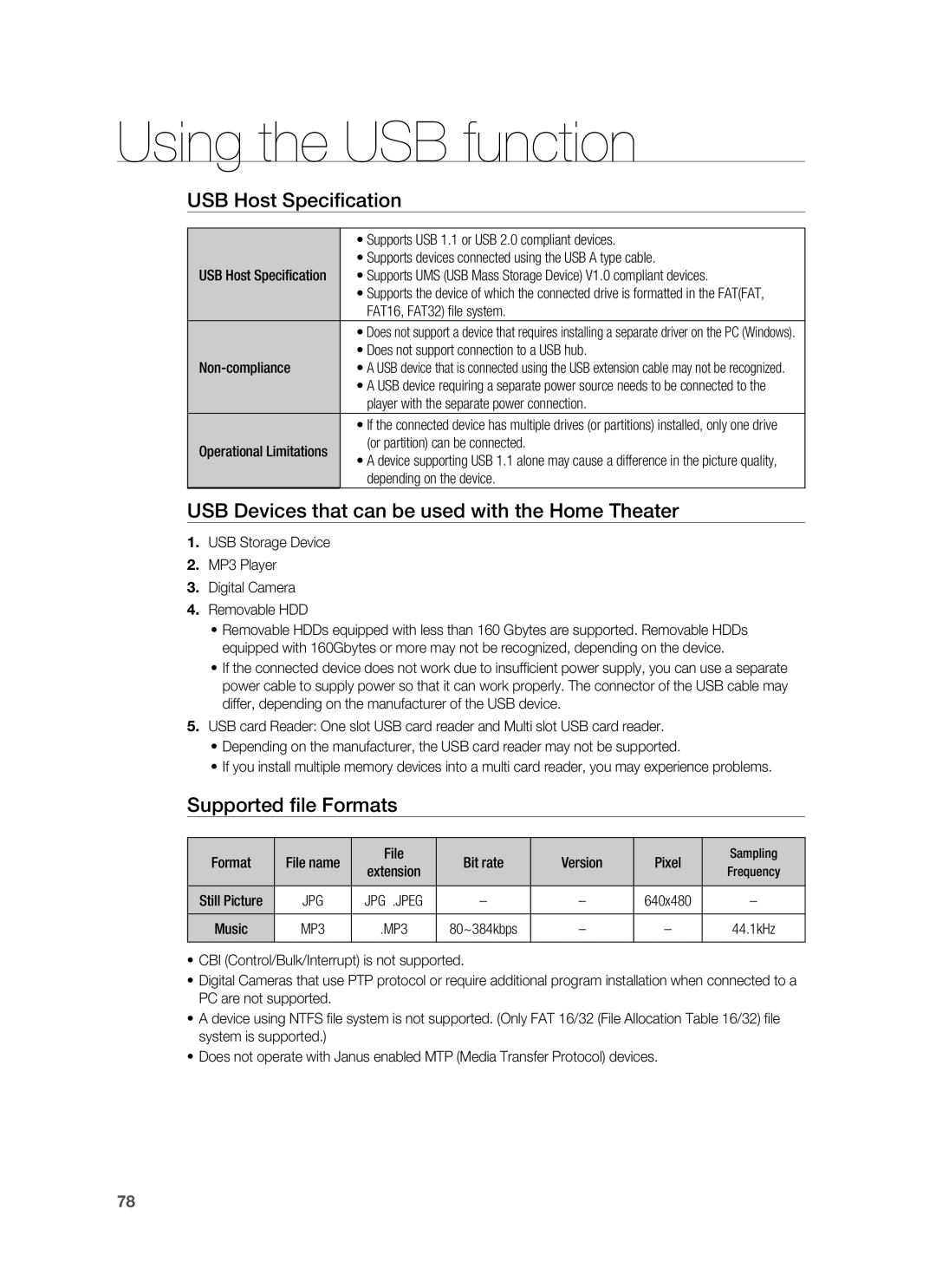 Samsung AH68-02231A USB Host Speciﬁcation, USB Devices that can be used with the Home Theater, Supported ﬁle Formats 