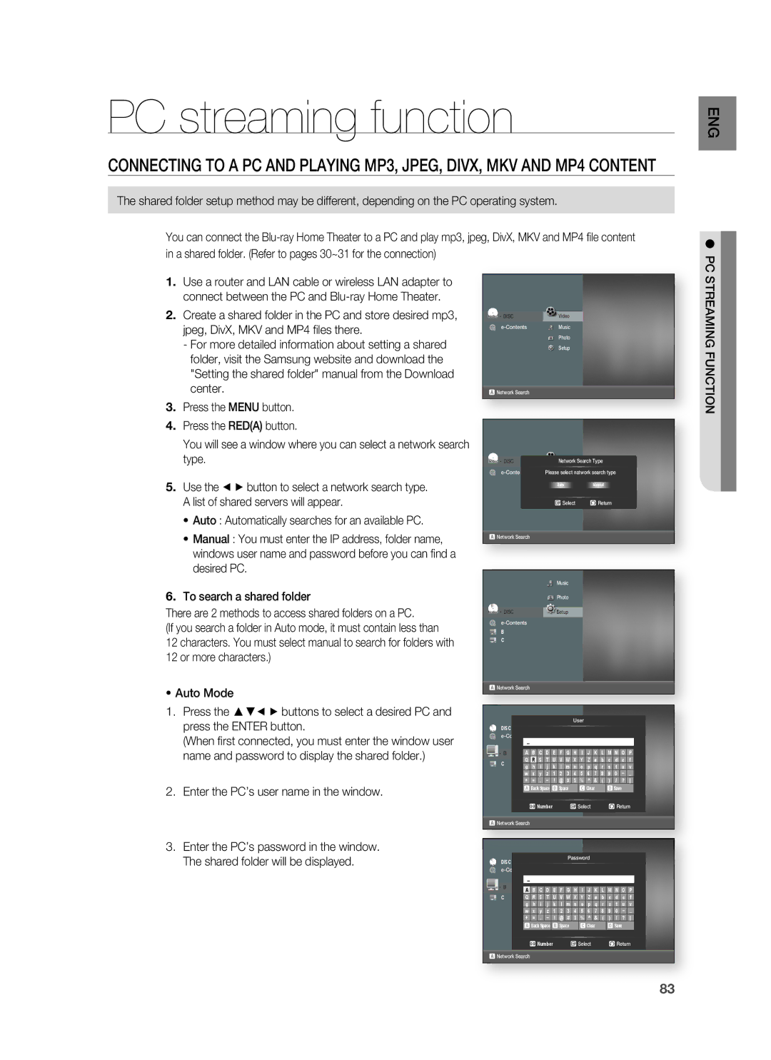 Samsung HT-BD3252A, AH68-02231A PC streaming function, Enter the PC’s user name in the window, PC Streaming Function 