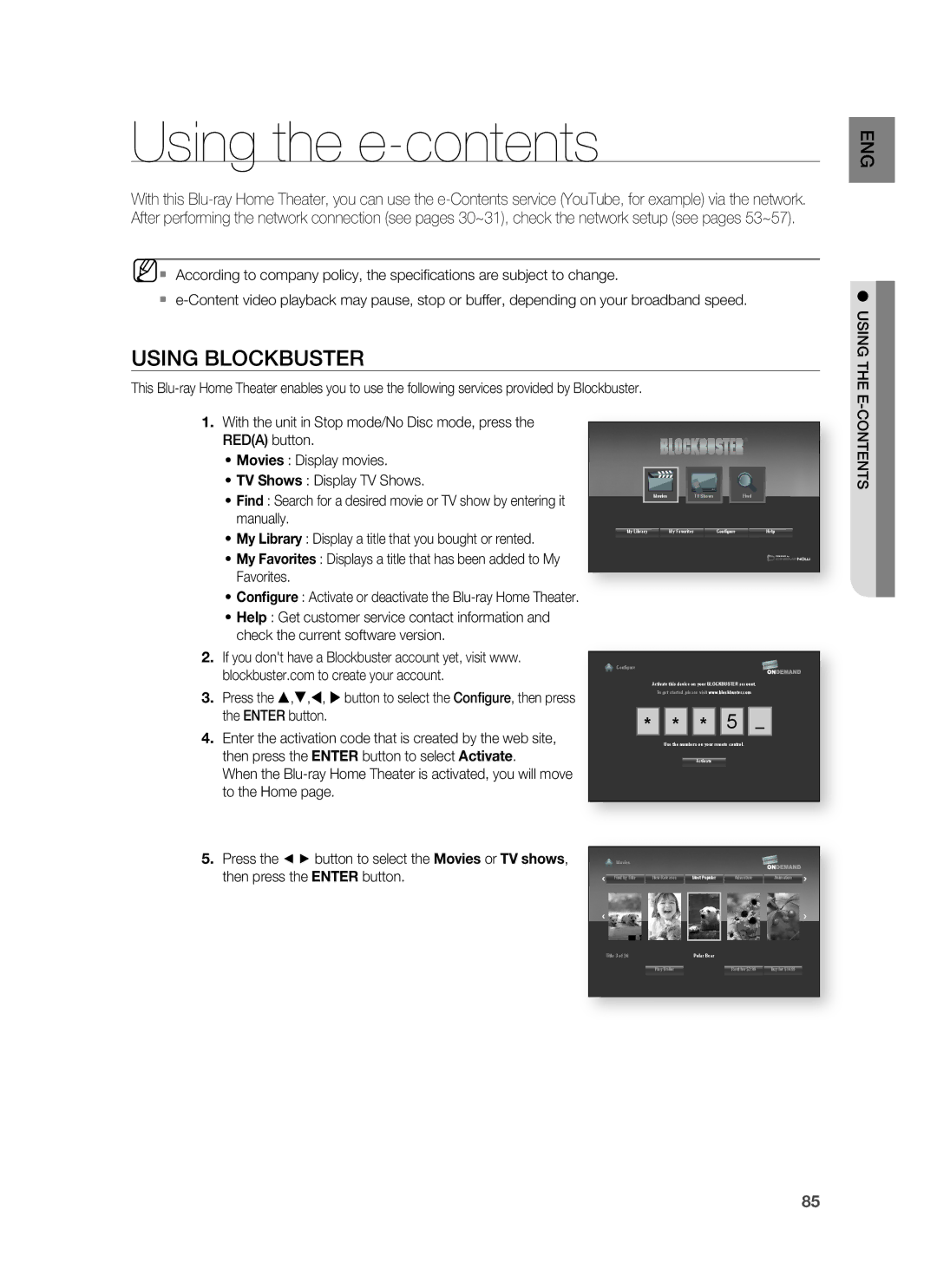 Samsung HT-BD3252A, AH68-02231A user manual Using the e-contents 