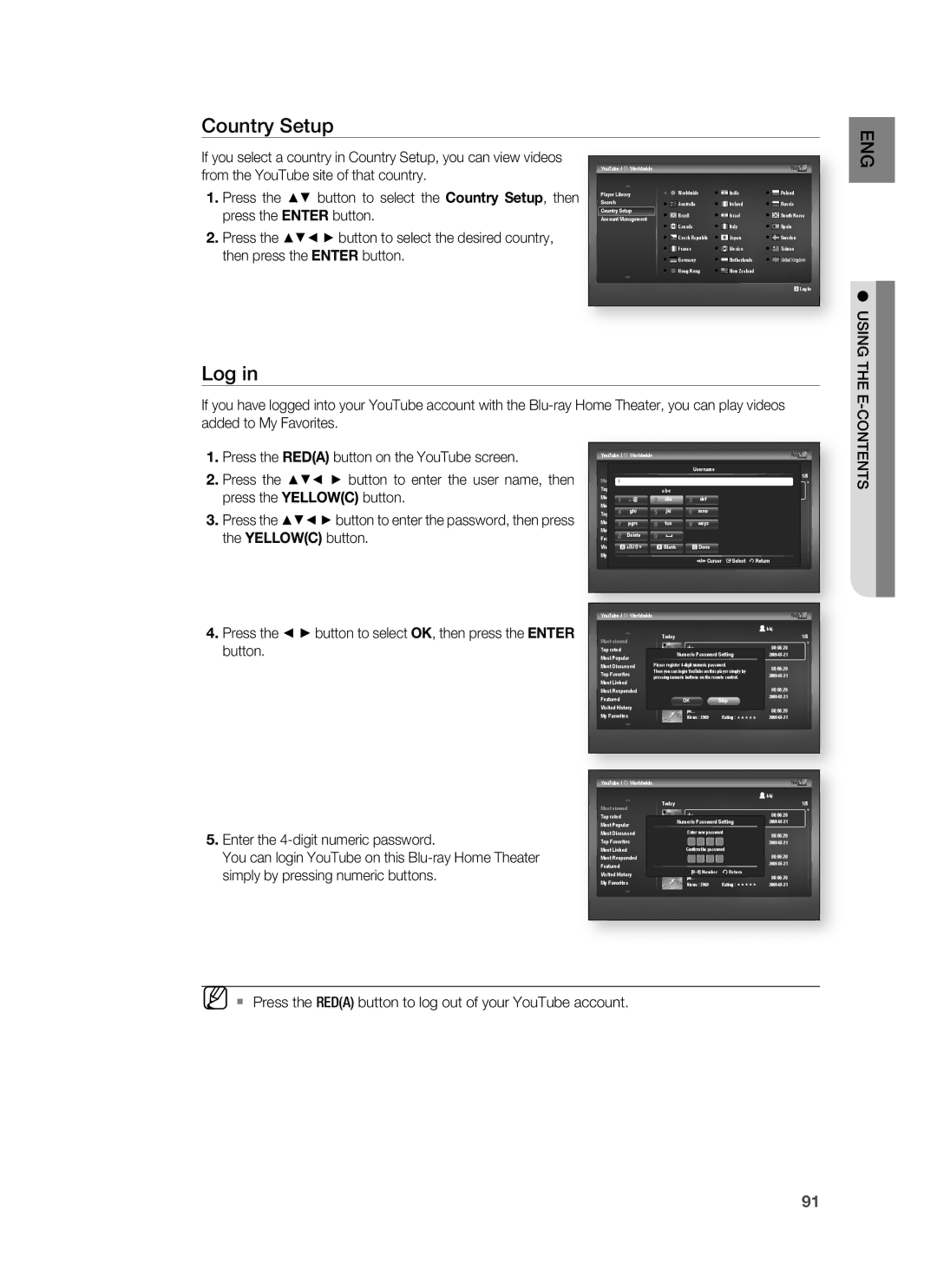 Samsung HT-BD3252A, AH68-02231A user manual Country Setup, Log,  Press the Reda button to log out of your YouTube account 