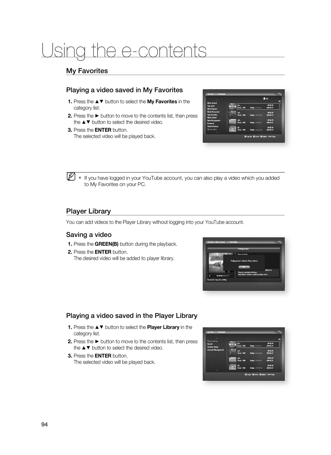 Samsung AH68-02231A, HT-BD3252A user manual Player Library, Playing a video saved in My Favorites 