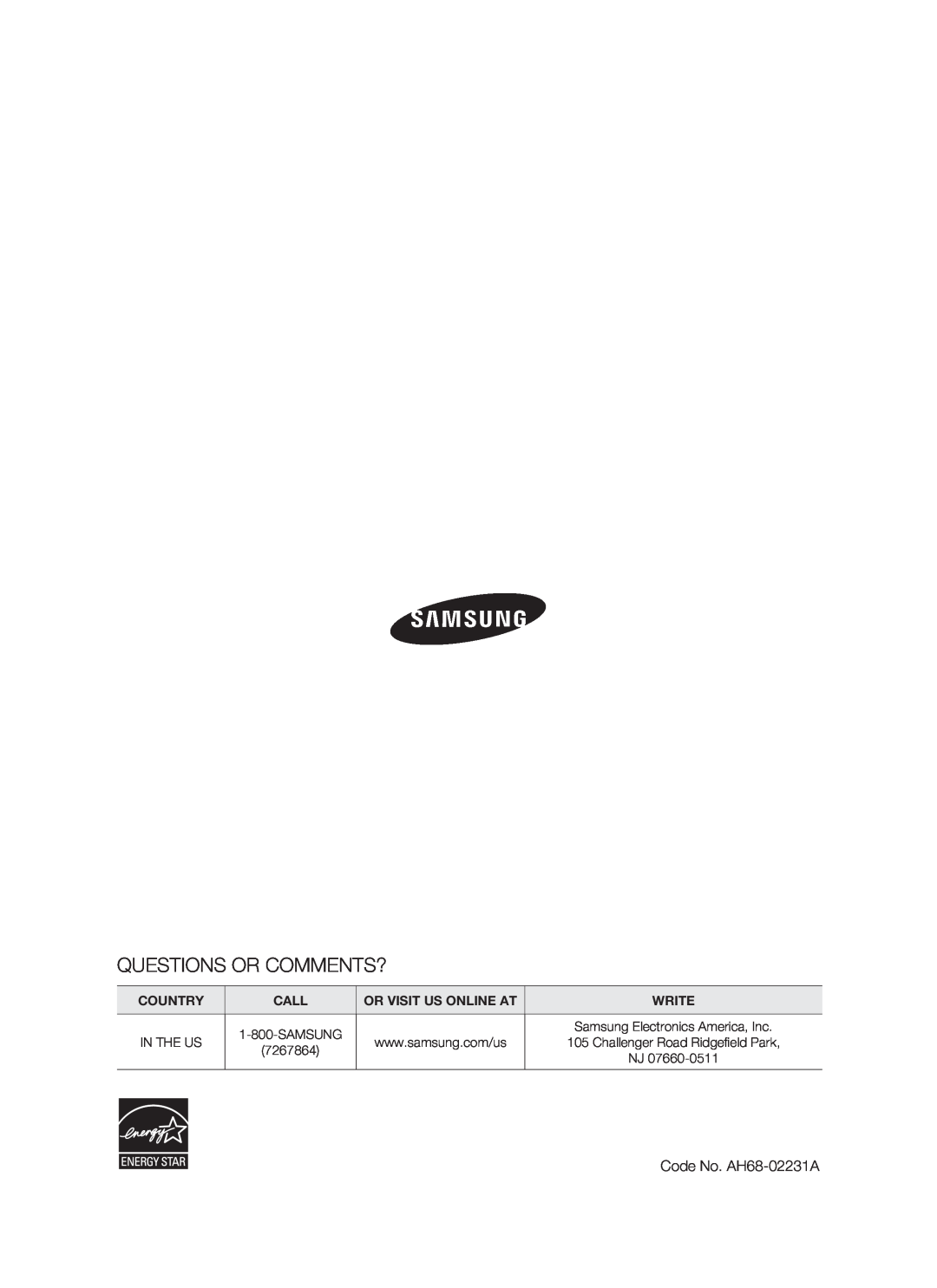 Samsung HT-BD3252A, AH68-02231A Questions Or Comments?, Country, Call, Or Visit Us Online At, Write, Samsung, In The Us 