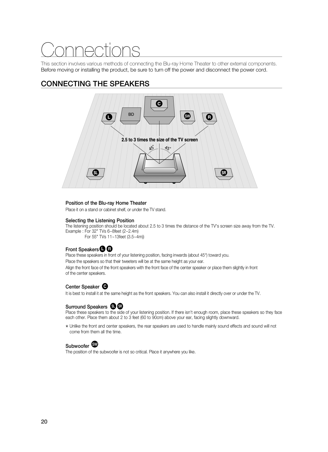 Samsung AH68-02231A, HT-BD3252A user manual Connections, Connecting The Speakers 