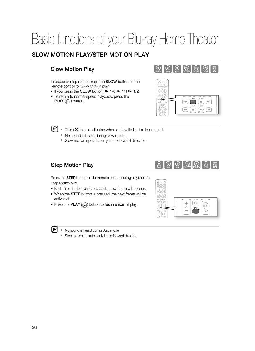 Samsung AH68-02231A, HT-BD3252A Slow Motion Play/Step Motion Play, Basic functions of your Blu-rayHome Theater, hgfZCV 