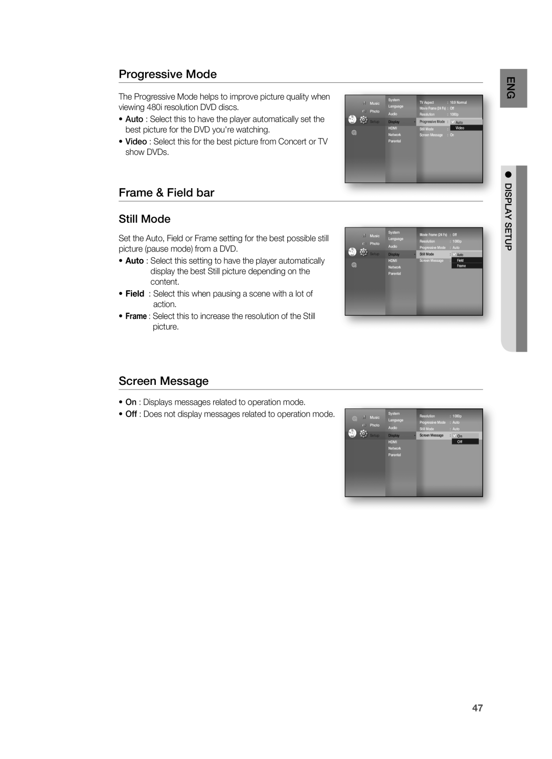 Samsung HT-BD3252A Progressive Mode, Frame & Field bar, Screen Message, Still Mode, viewing 480i resolution DVD discs 