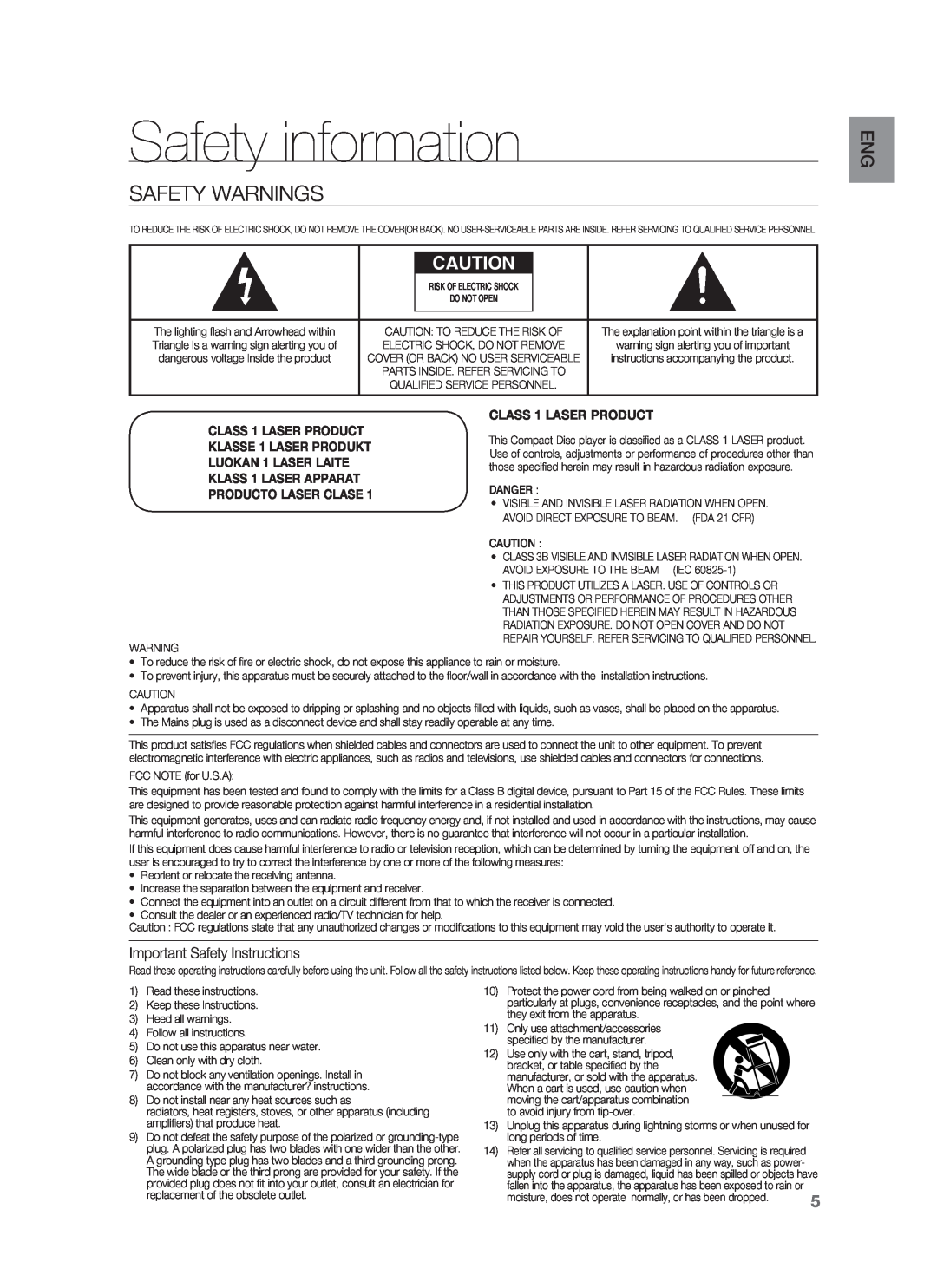 Samsung HT-BD3252A Safety information, Safety Warnings, CLASS 1 LASER PRODUCT, LUOKAN 1 LASER LAITE, Producto Laser Clase 