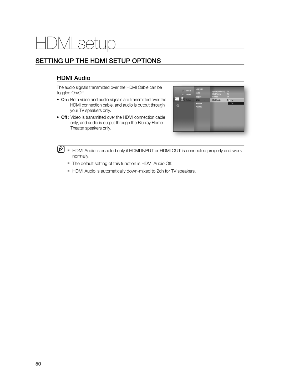 Samsung AH68-02231A, HT-BD3252A user manual HDMI Audio, HDMI setup, Setting Up The Hdmi Setup Options 
