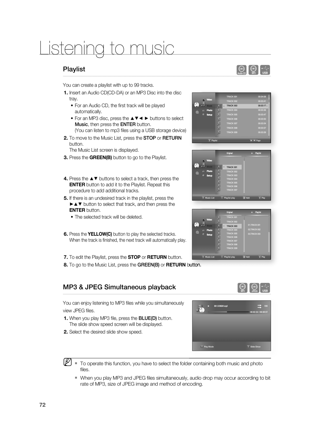Samsung AH68-02231A Playlist, MP3 & JPEG Simultaneous playbackAF, Listening to music, automatically, ENTER button 