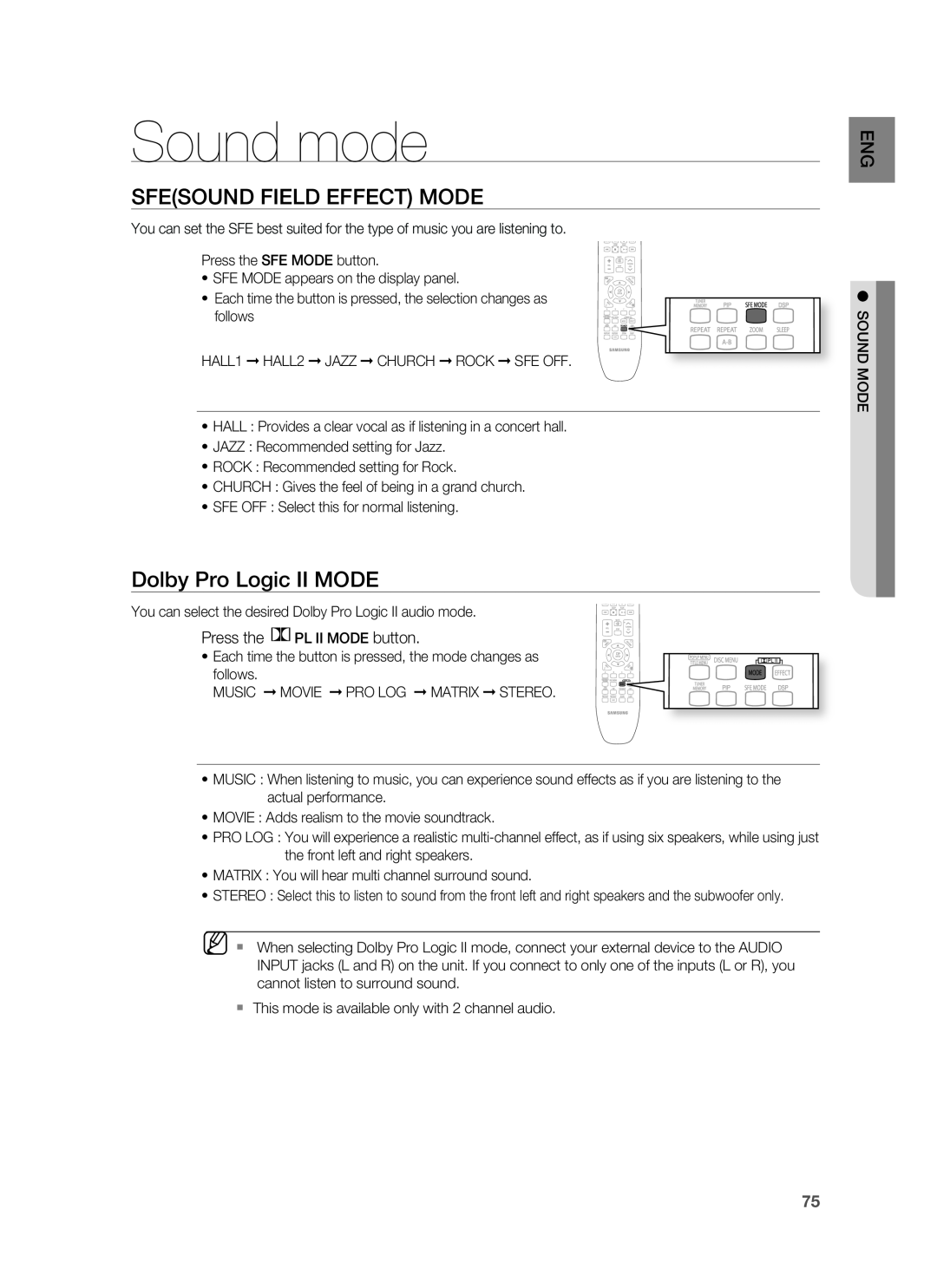 Samsung HT-BD3252A, AH68-02231A user manual Sound mode, Sfesound Field Effect Mode, Dolby Pro Logic II MODE 