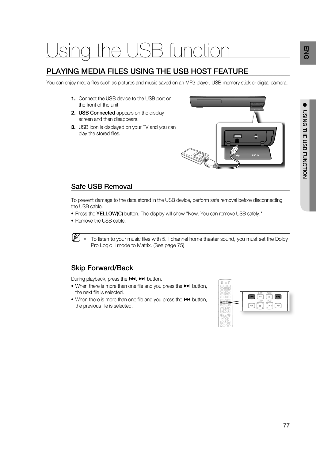 Samsung HT-BD3252A, AH68-02231A Using the USB function, Playing Media Files Using The Usb Host Feature, Safe USB Removal 
