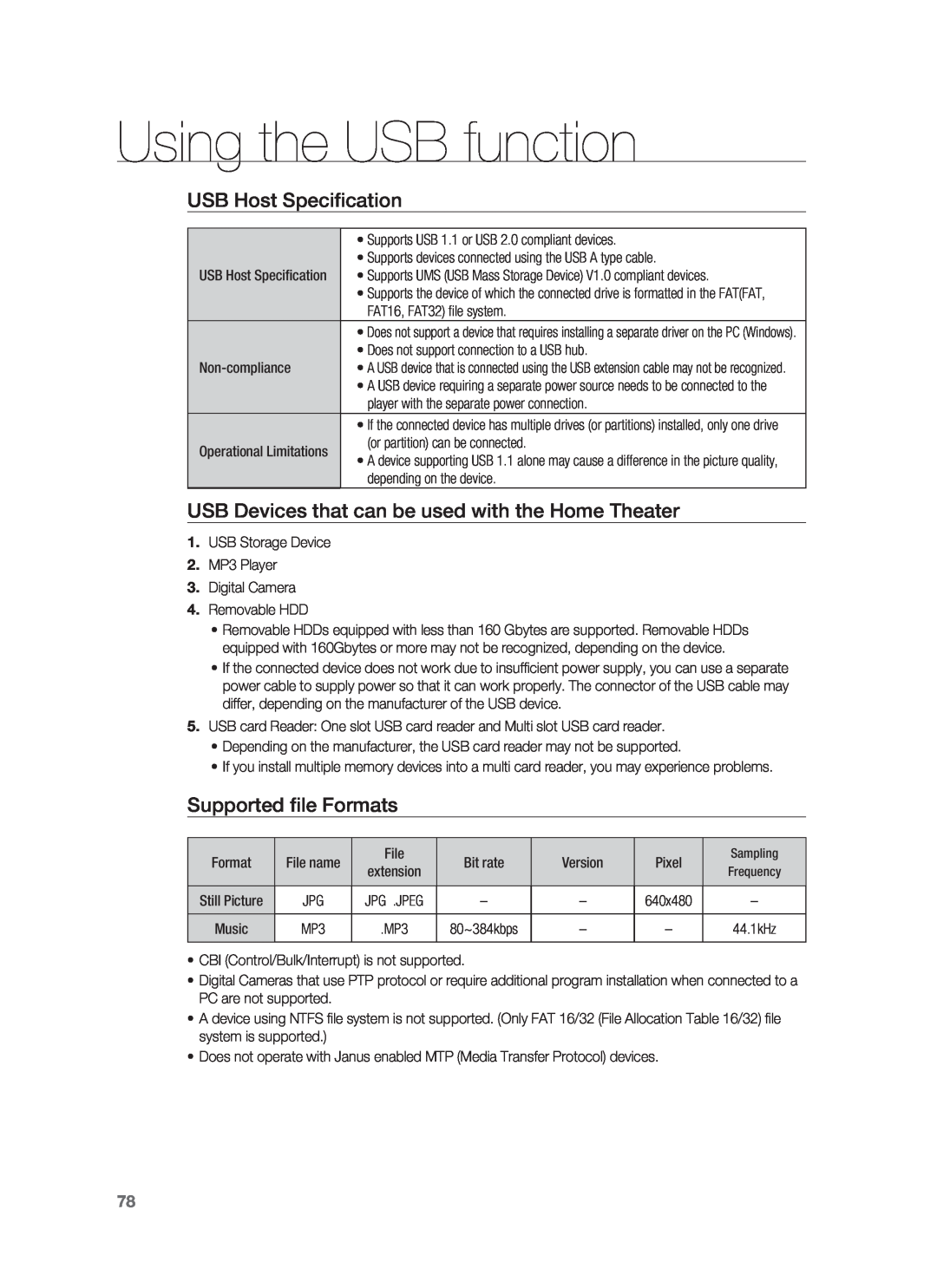 Samsung AH68-02231A, HT-BD3252A user manual USB Host Speciﬁcation, Supported ﬁle Formats, Using the USB function 