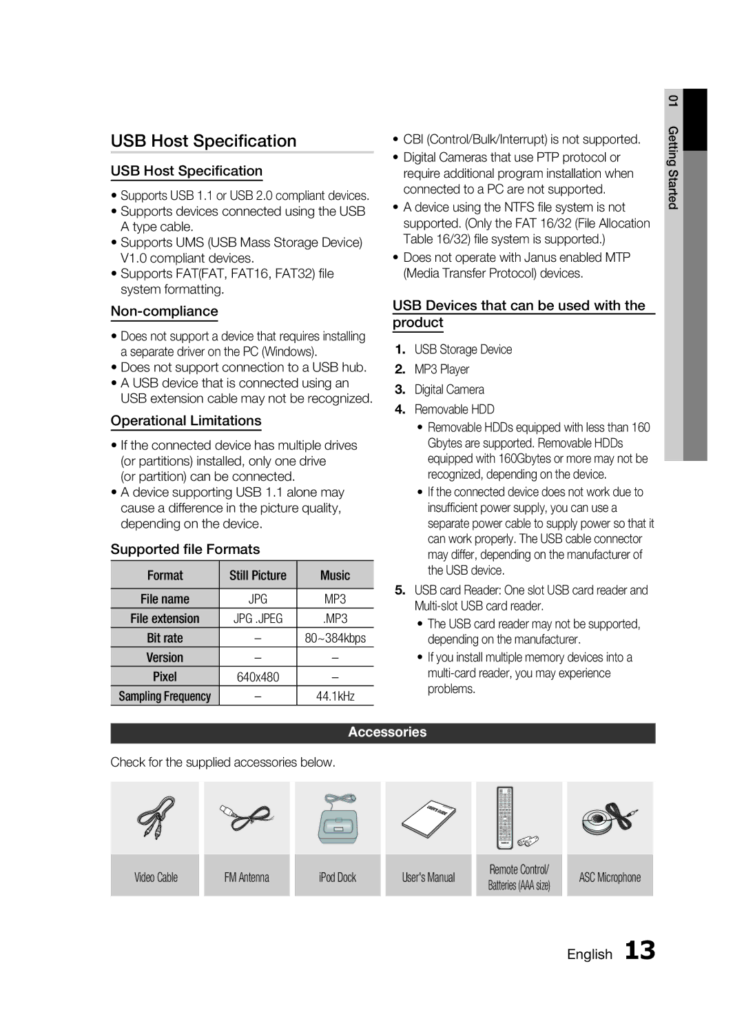 Samsung HT-C6530, AH68-02255S user manual USB Host Speciﬁcation, Accessories 