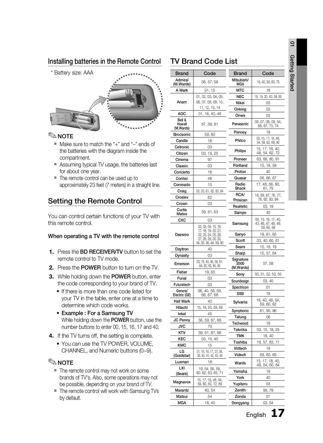 Samsung HT-C6530, AH68-02255S TV Brand Code List, Setting the Remote Control, If the TV turns off, the setting is complete 