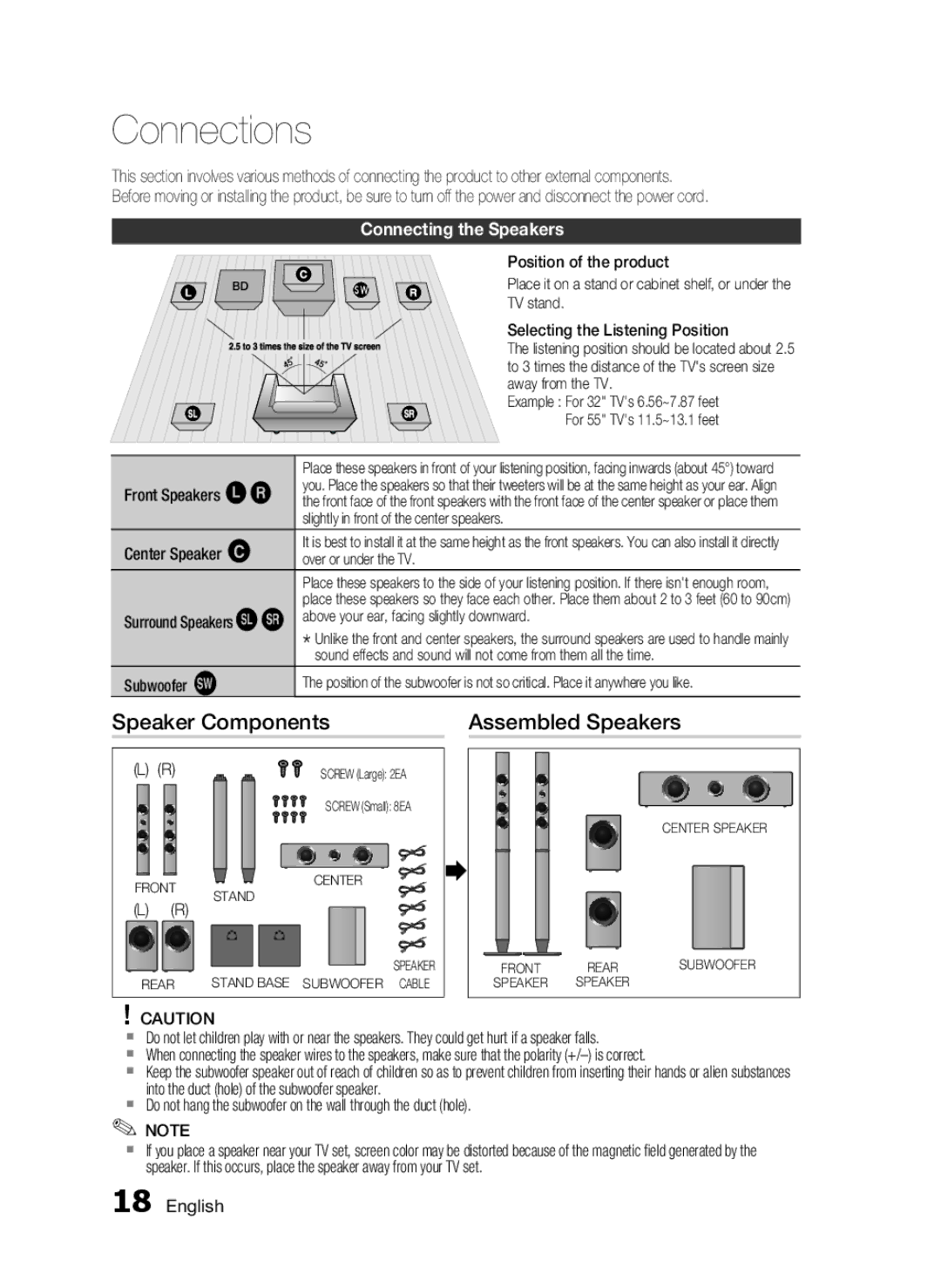 Samsung AH68-02255S, HT-C6530 user manual Connections, Speaker Components Assembled Speakers, Connecting the Speakers 