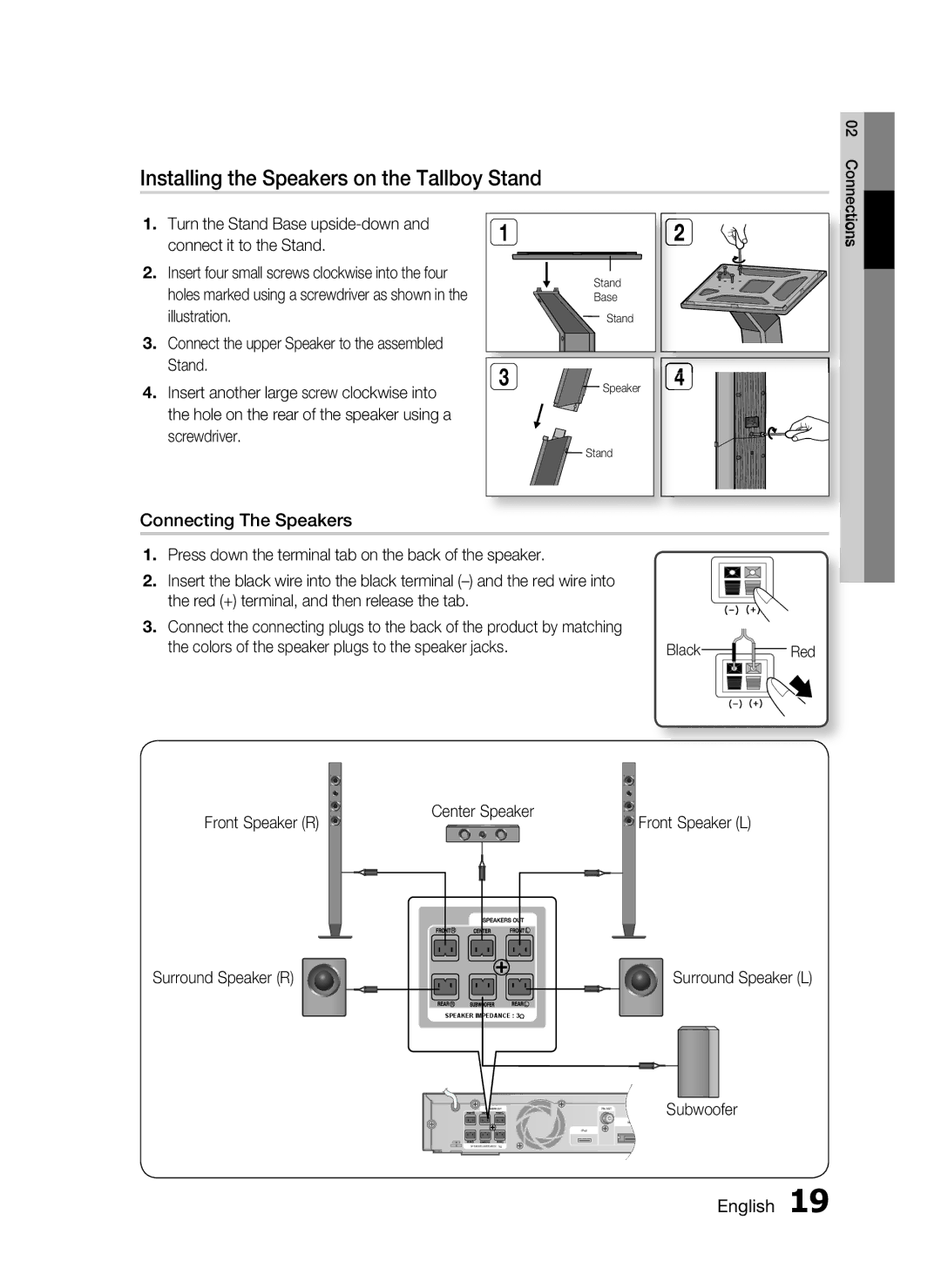 Samsung HT-C6530, AH68-02255S user manual Installing the Speakers on the Tallboy Stand, Connecting The Speakers 