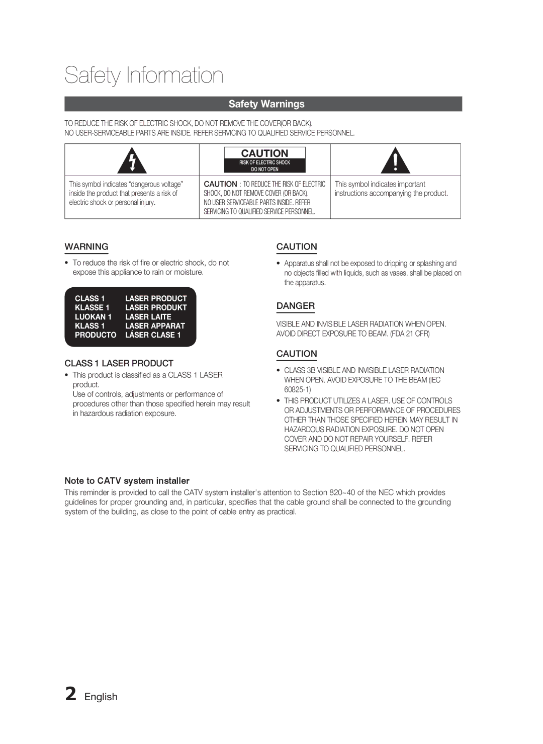 Samsung AH68-02255S, HT-C6530 user manual Safety Information, Safety Warnings, English, Class 1 Laser Product 