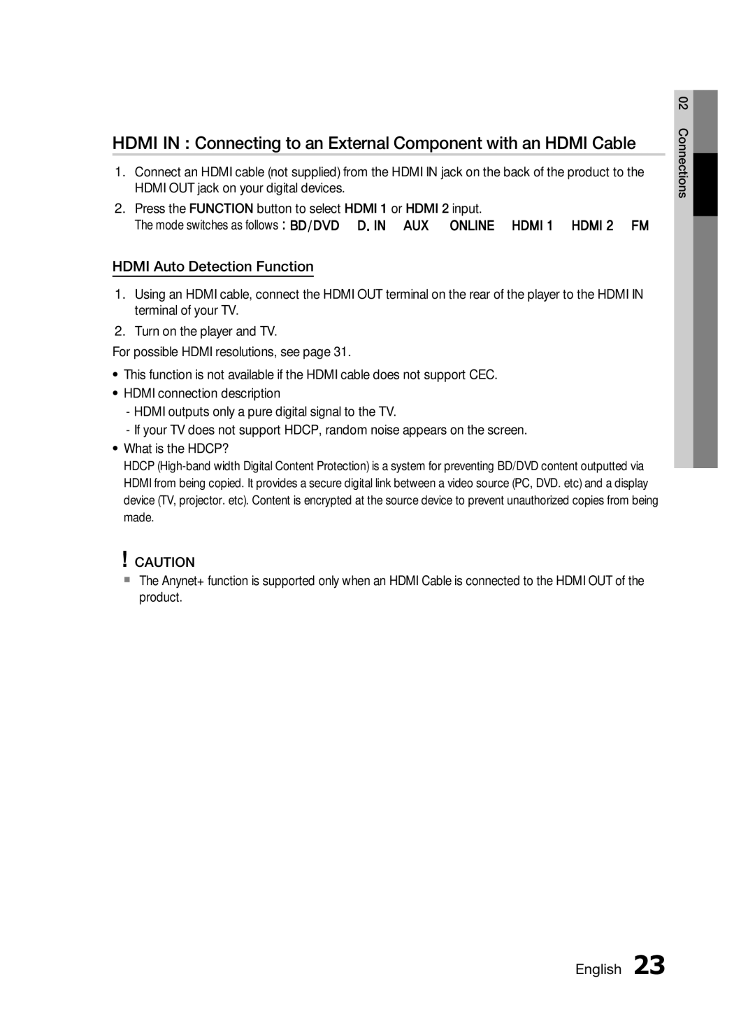 Samsung HT-C6530, AH68-02255S user manual Hdmi Auto Detection Function 