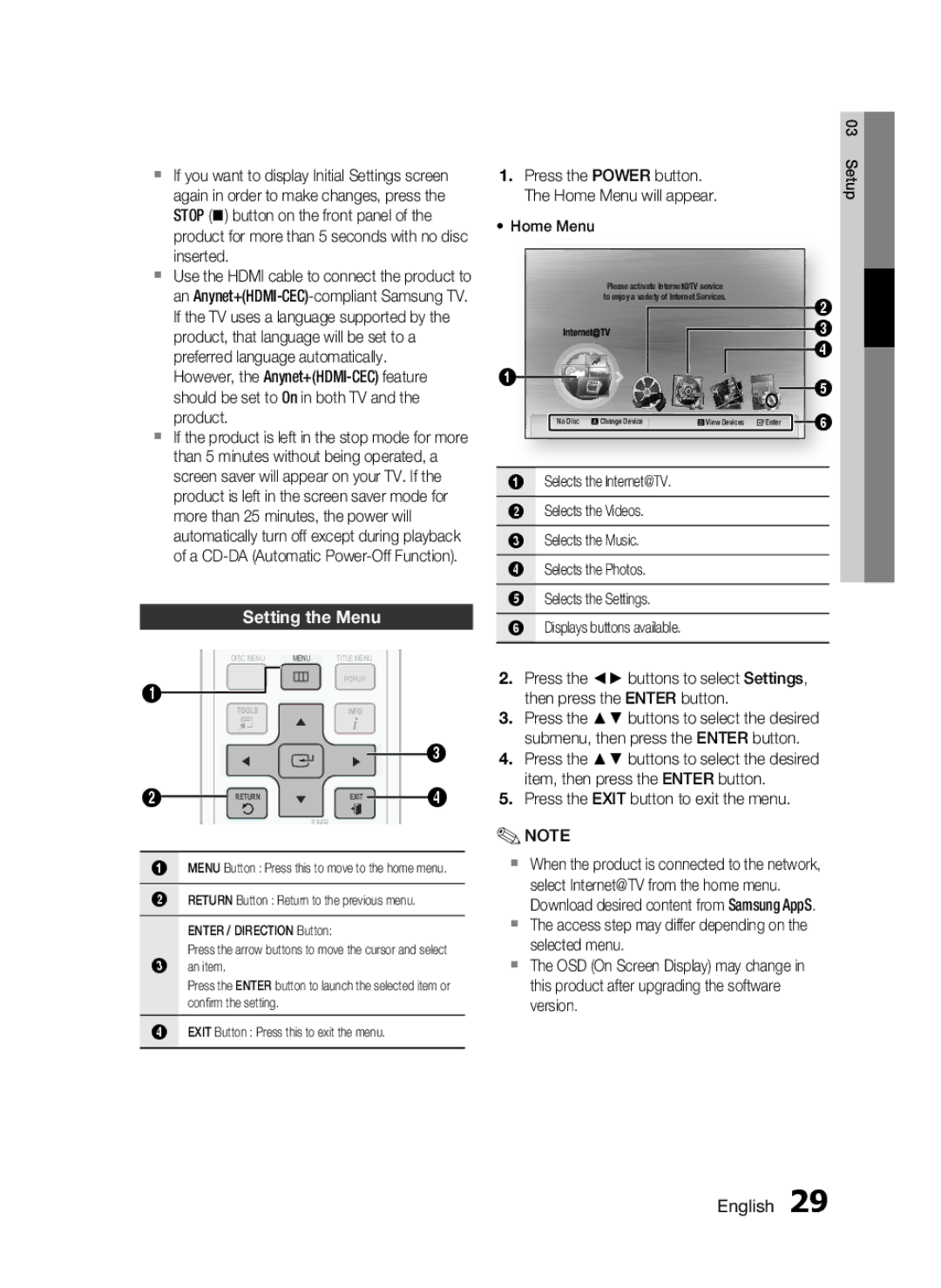 Samsung HT-C6530, AH68-02255S user manual Setting the Menu 