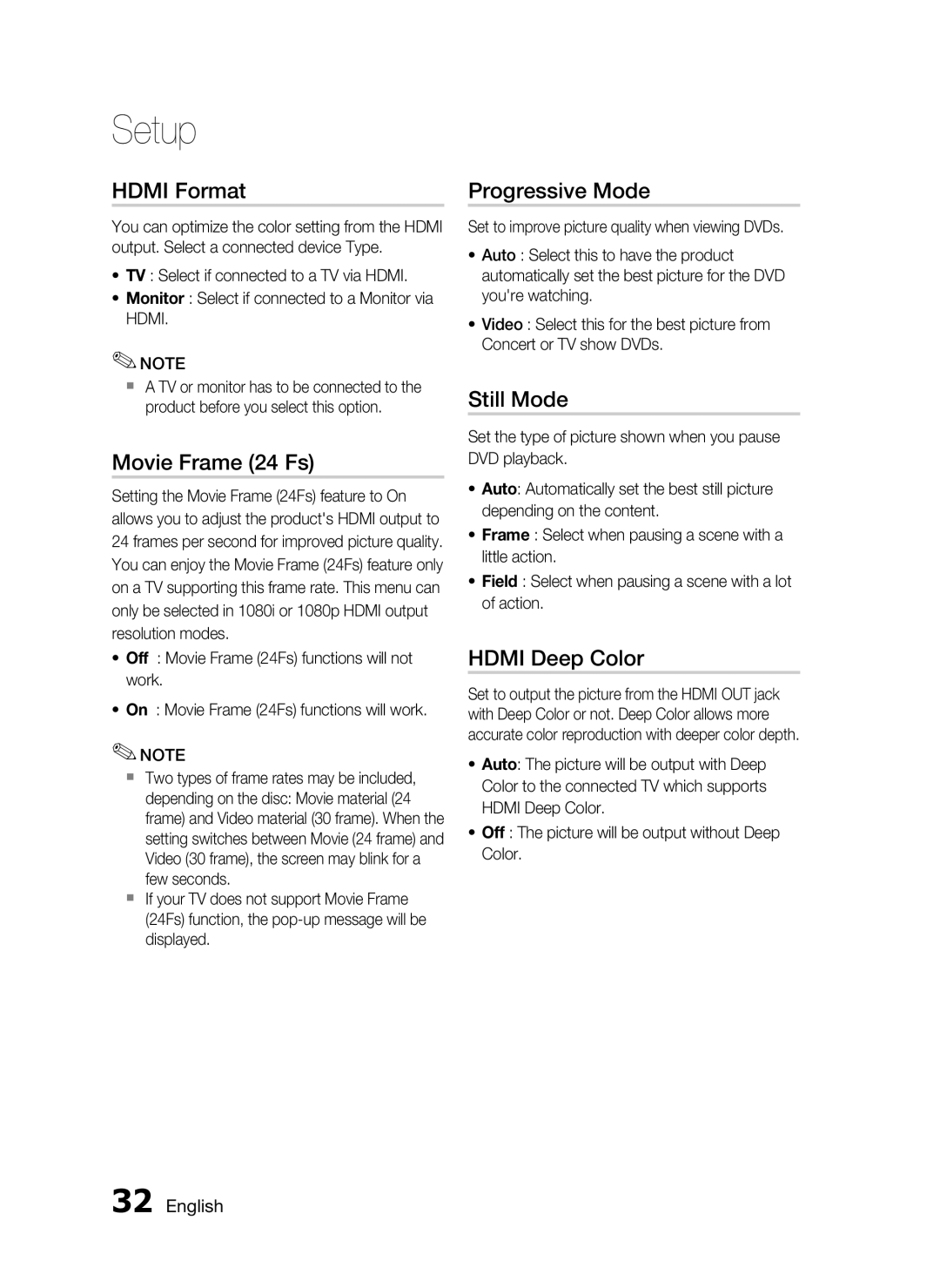 Samsung AH68-02255S, HT-C6530 user manual Hdmi Format, Movie Frame 24 Fs, Progressive Mode, Still Mode, Hdmi Deep Color 