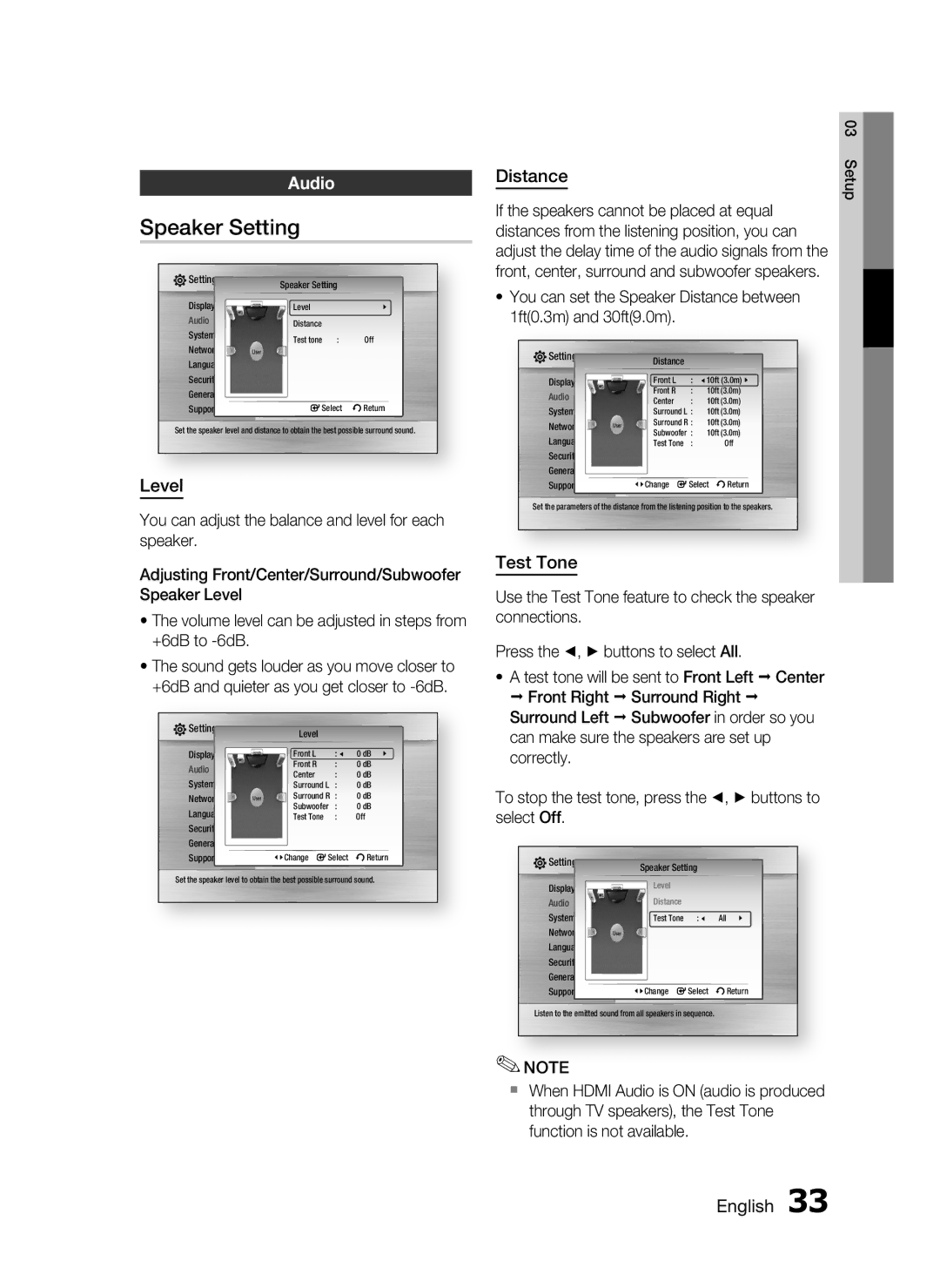 Samsung HT-C6530, AH68-02255S user manual Speaker Setting, Audio, Level, Distance, Test Tone 