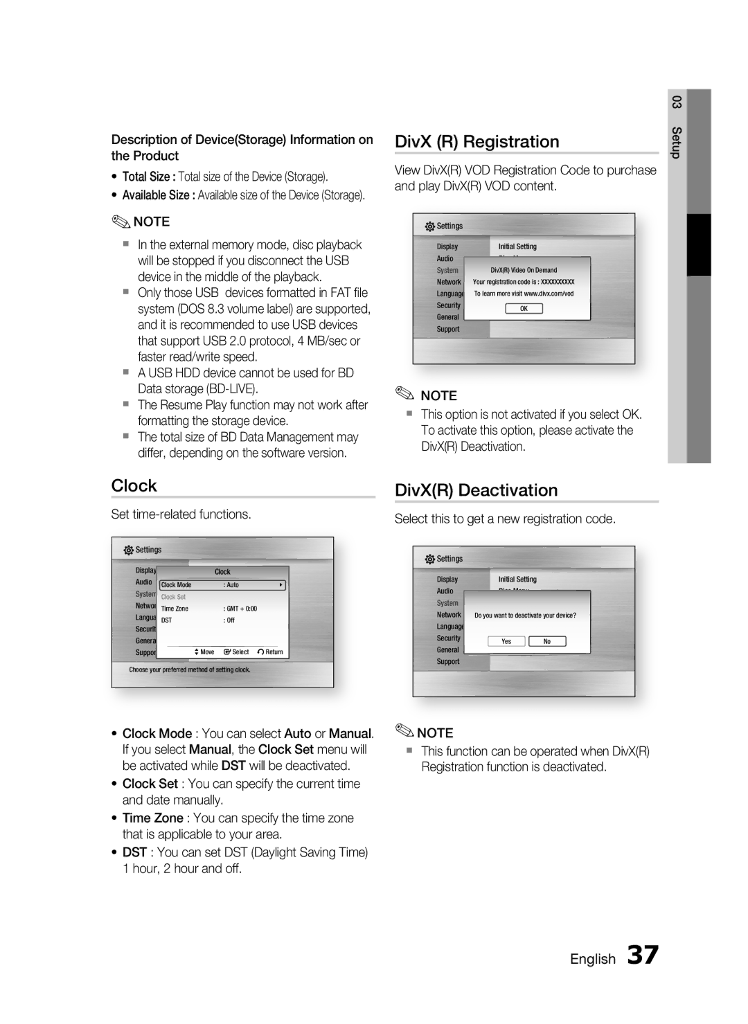 Samsung HT-C6530, AH68-02255S user manual DivX R Registration, Clock, DivXR Deactivation, Set time-related functions 