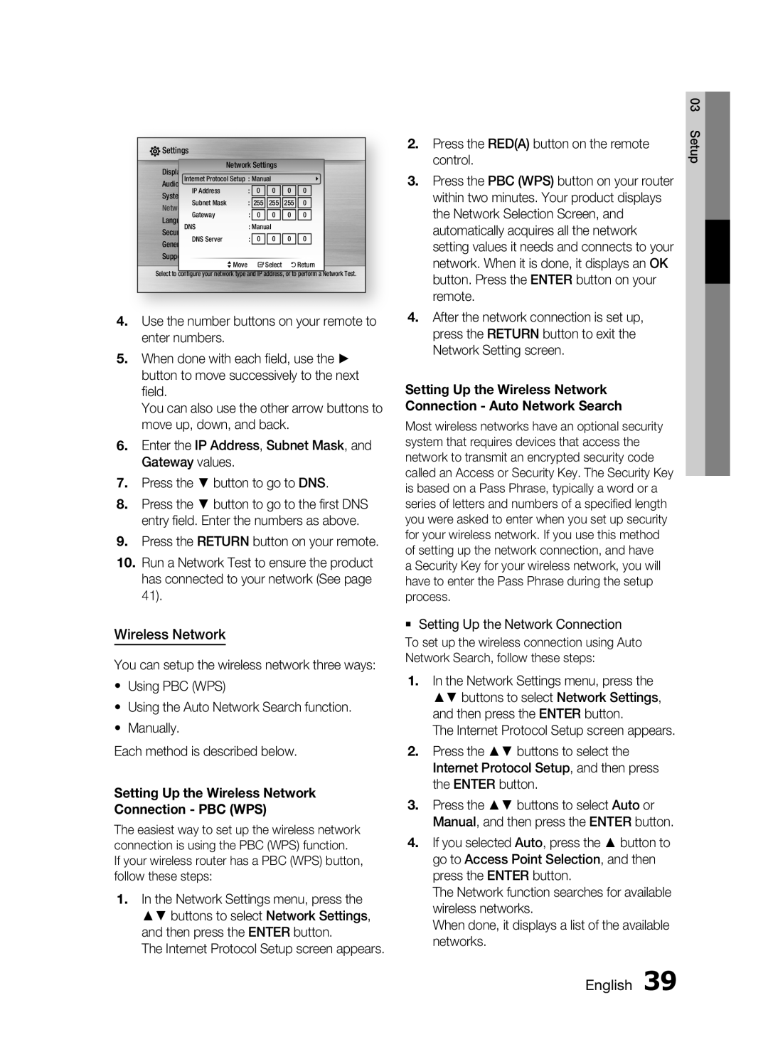 Samsung HT-C6530, AH68-02255S user manual Setting Up the Wireless Network Connection PBC WPS 