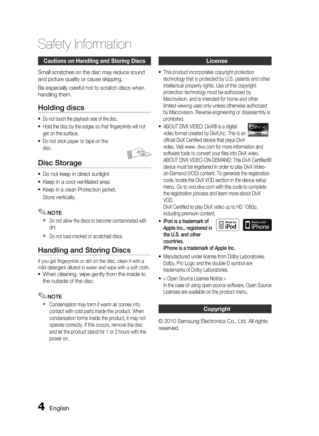 Samsung AH68-02255S, HT-C6530 user manual Holding discs, Disc Storage, Handling and Storing Discs, License, Copyright 